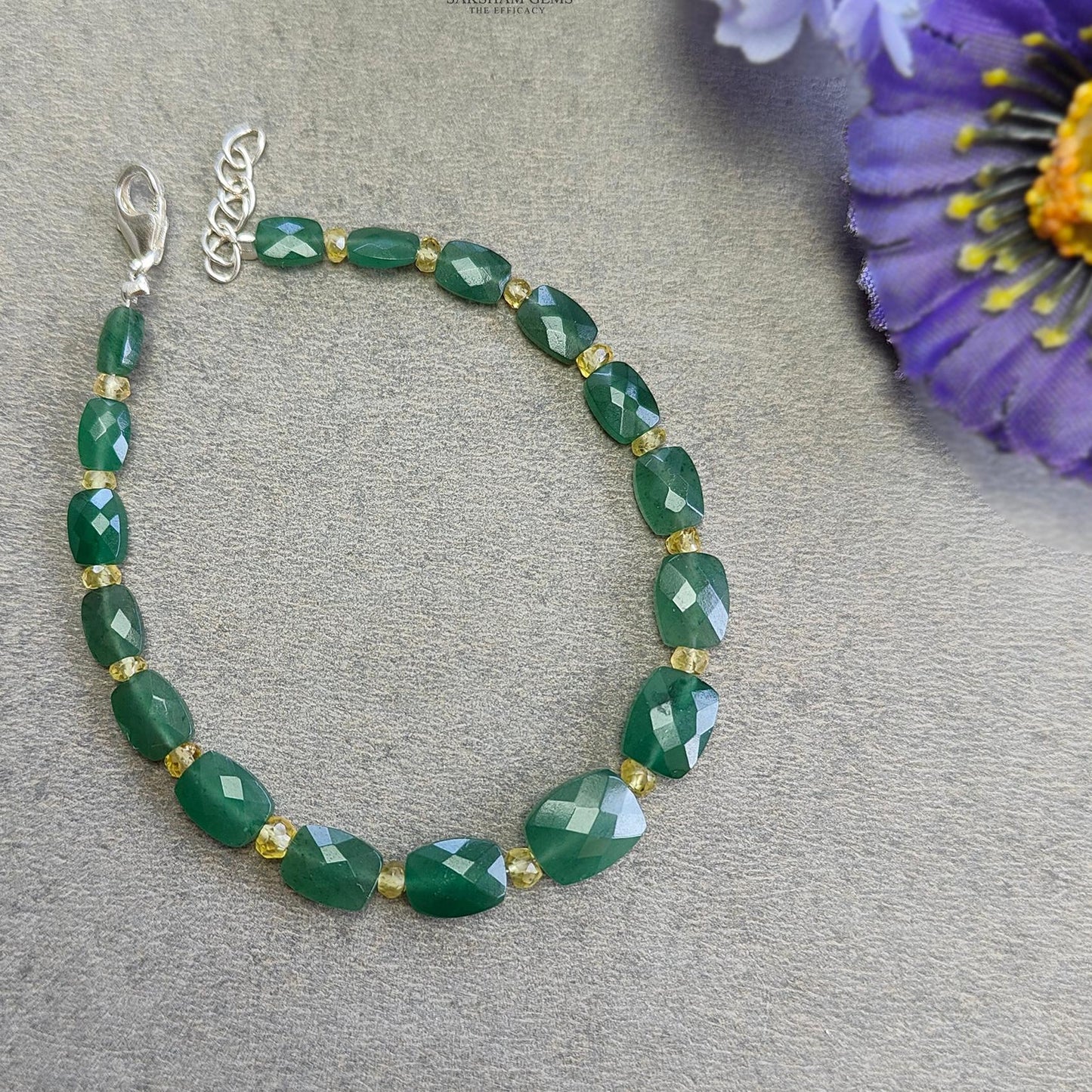 Quartz & Opal Beads Bracelet : 4.06gms 925 Sterling Silver Green Quartz And Yellow Opal Briolette Cushion Checker Cut Bracelet 7"