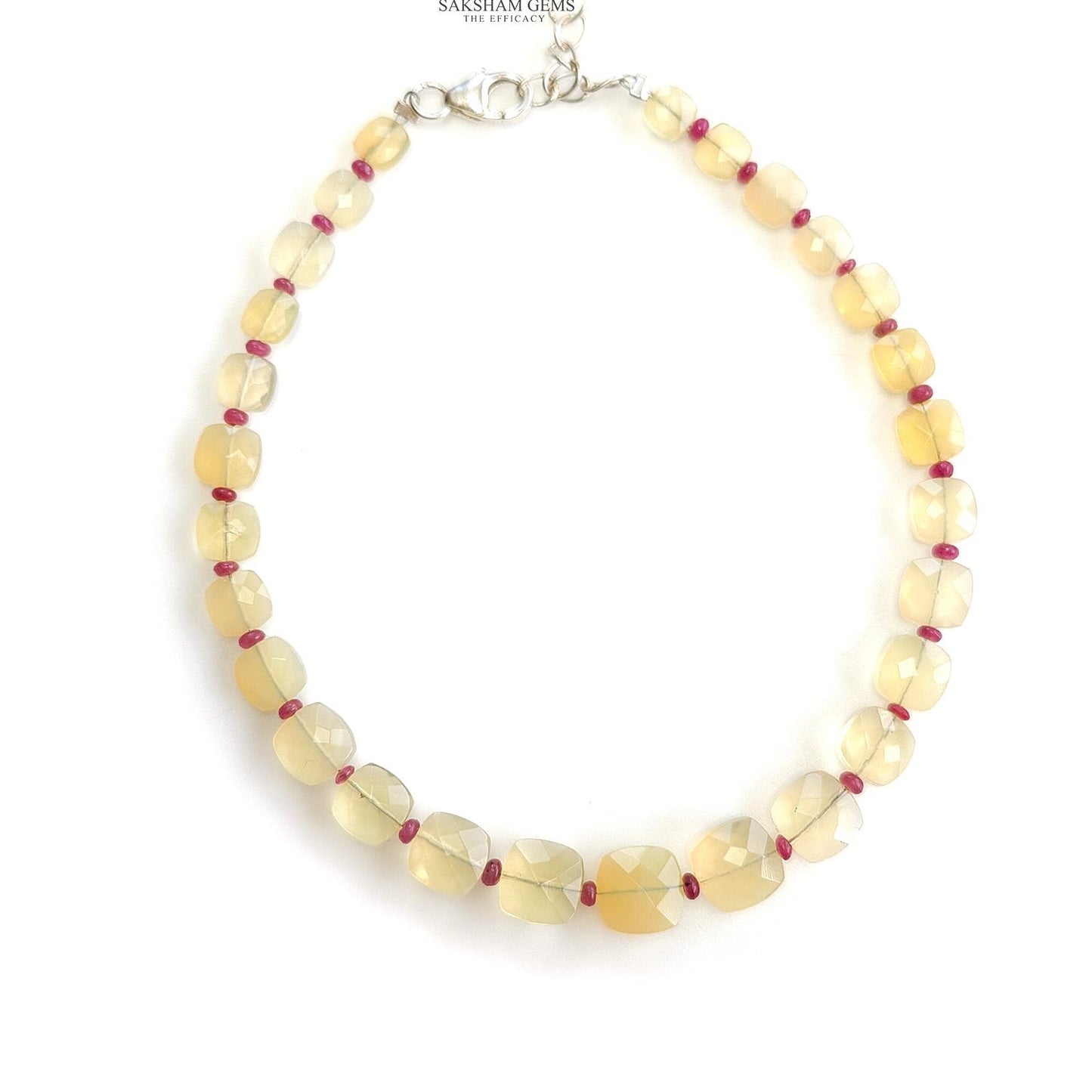 Opal & Ruby Beads Bracelet : 4.10gms 925 Sterling Silver Yellow Opal And Red Ruby Gemstone Briolette Cushion Checker Cut 8"