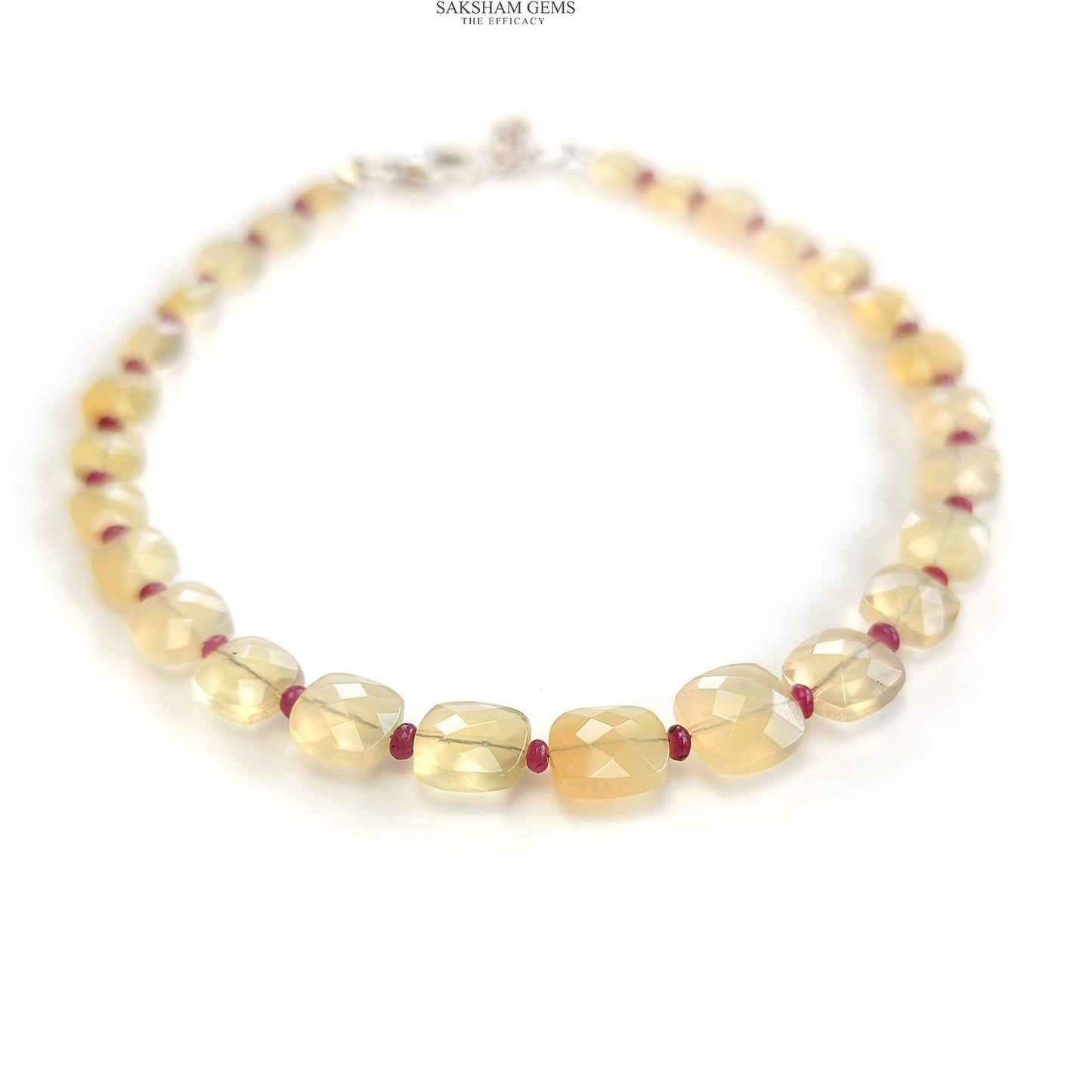 Opal & Ruby Beads Bracelet : 4.10gms 925 Sterling Silver Yellow Opal And Red Ruby Gemstone Briolette Cushion Checker Cut 8"