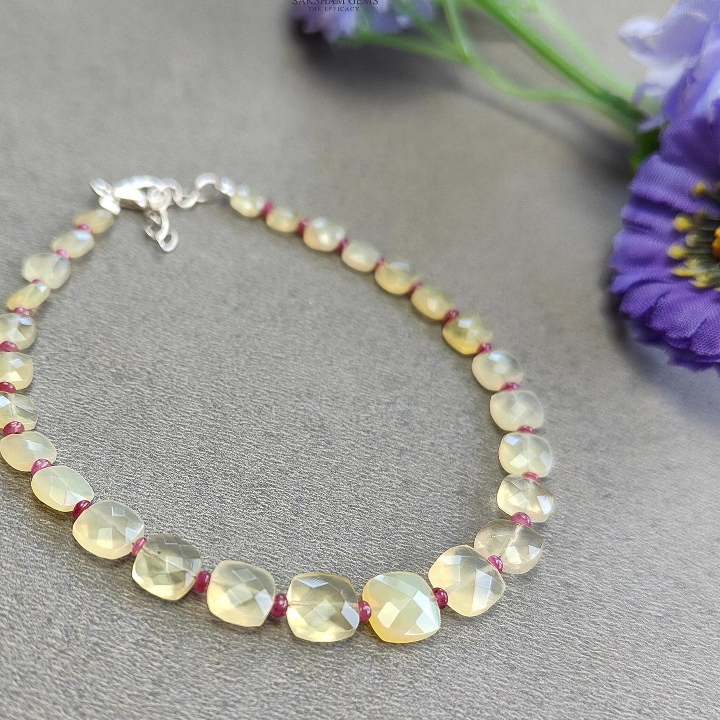 Opal & Ruby Beads Bracelet : 4.10gms 925 Sterling Silver Yellow Opal And Red Ruby Gemstone Briolette Cushion Checker Cut 8"