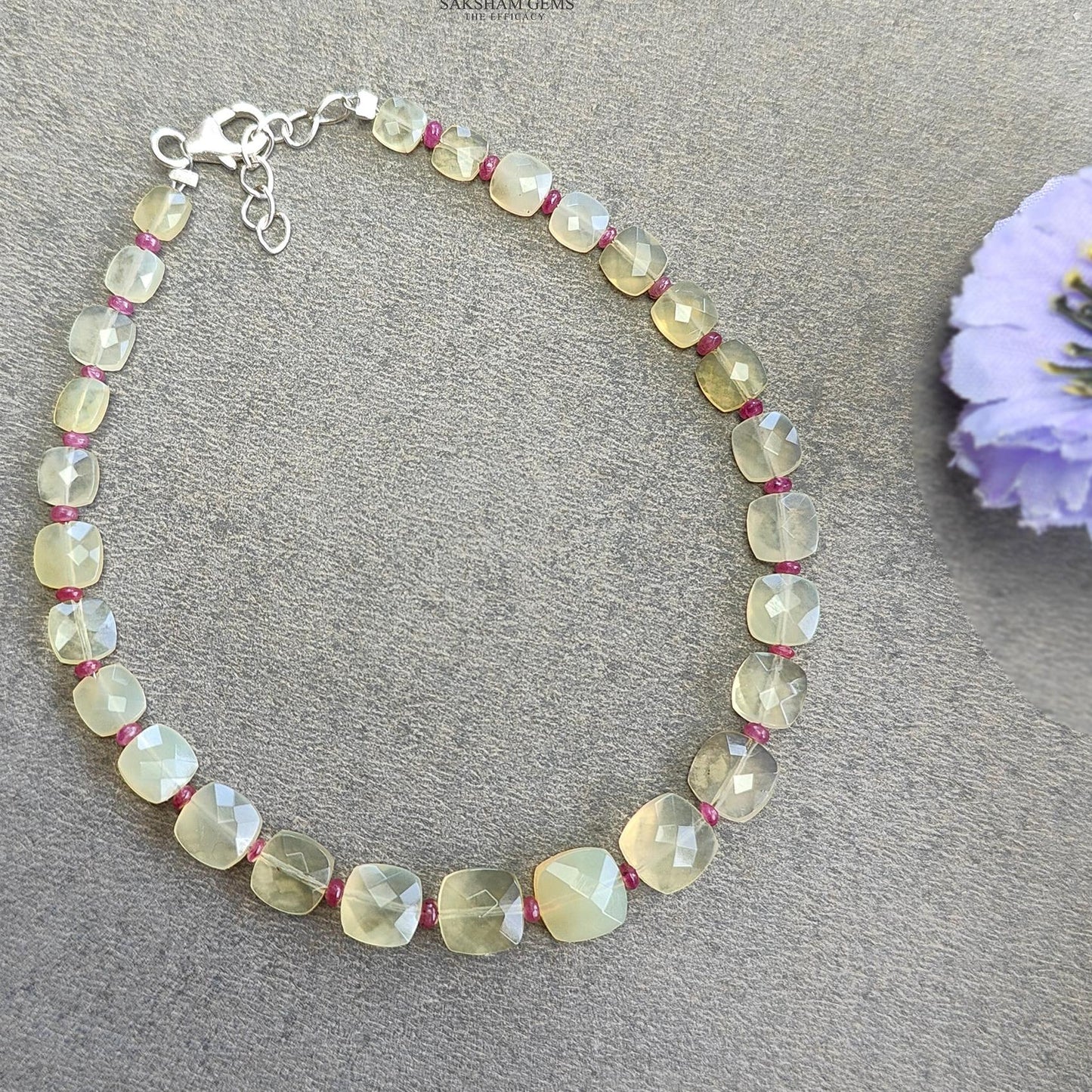 Opal & Ruby Beads Bracelet : 4.10gms 925 Sterling Silver Yellow Opal And Red Ruby Gemstone Briolette Cushion Checker Cut 8"