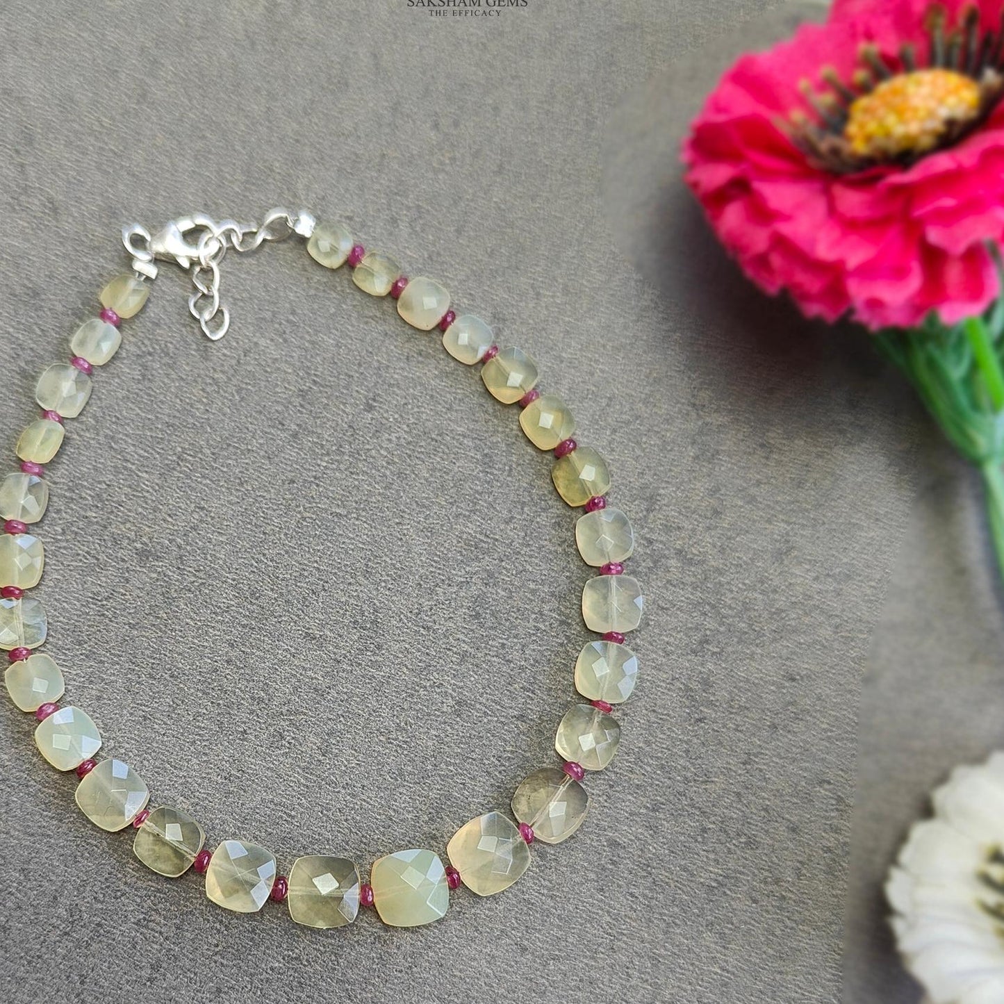 Opal & Ruby Beads Bracelet : 4.10gms 925 Sterling Silver Yellow Opal And Red Ruby Gemstone Briolette Cushion Checker Cut 8"