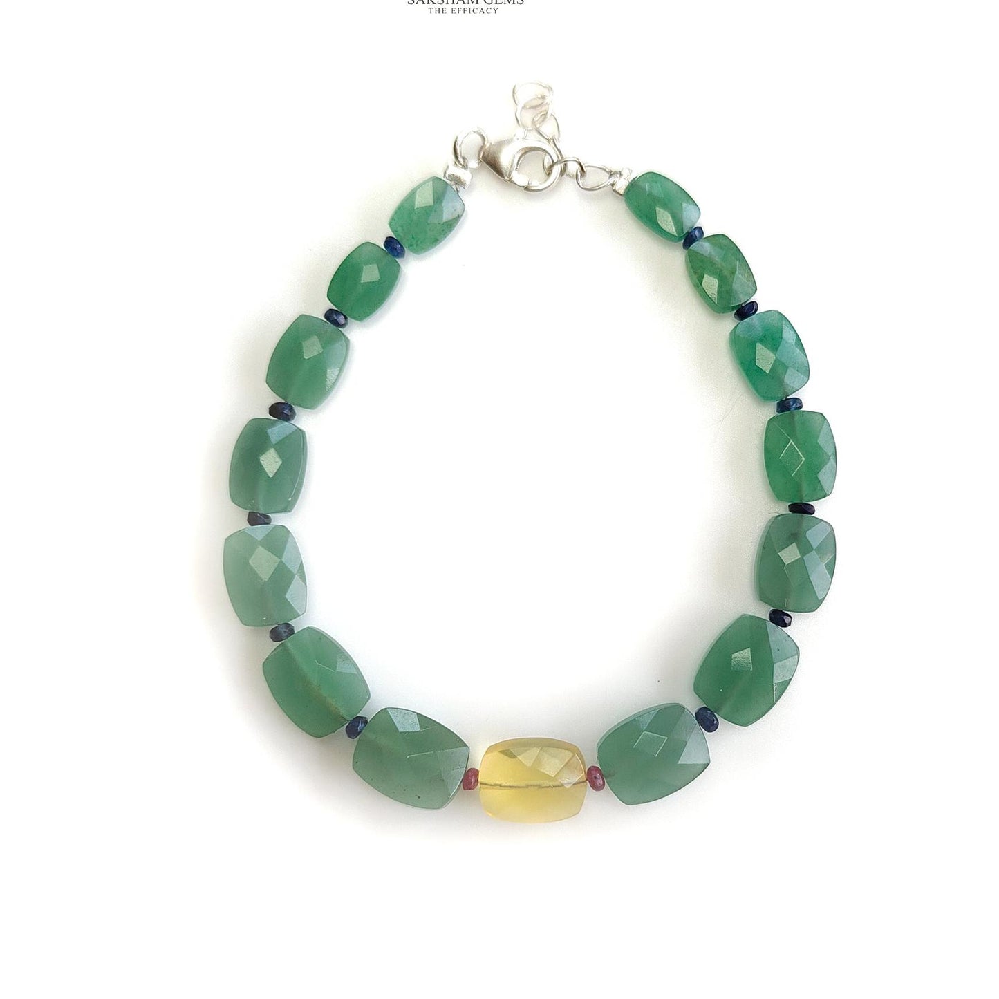 Quartz & Opal Beads Bracelet : 6.19gms 925 Sterling Silver Green Quartz And Yellow Opal Briolette Cushion Checker Cut Bracelet 7"