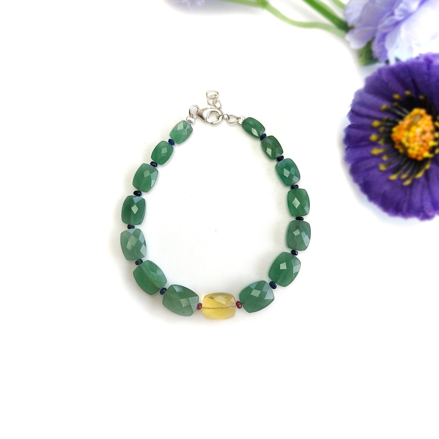 Quartz & Opal Beads Bracelet : 6.19gms 925 Sterling Silver Green Quartz And Yellow Opal Briolette Cushion Checker Cut Bracelet 7"