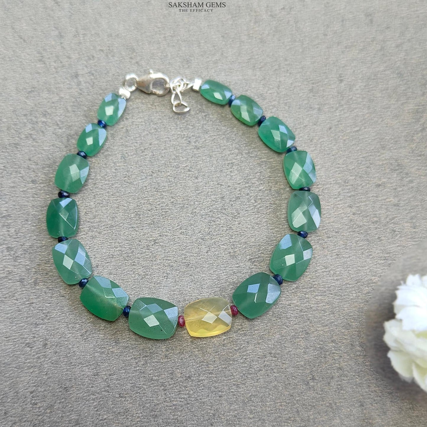 Quartz & Opal Beads Bracelet : 6.19gms 925 Sterling Silver Green Quartz And Yellow Opal Briolette Cushion Checker Cut Bracelet 7"