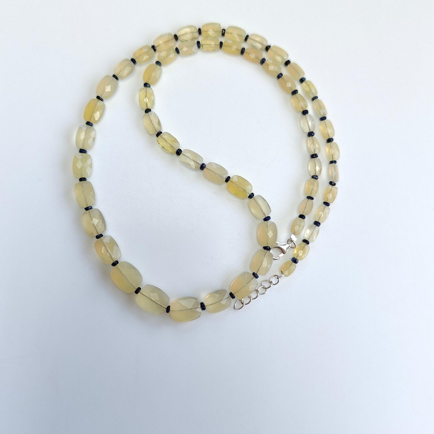 Opal & Sapphire Beads Necklace : 9.98gms 925 Sterling Silver Natural Yellow Opal Blue Sapphire Briolette Faceted Cushion Necklace 18"