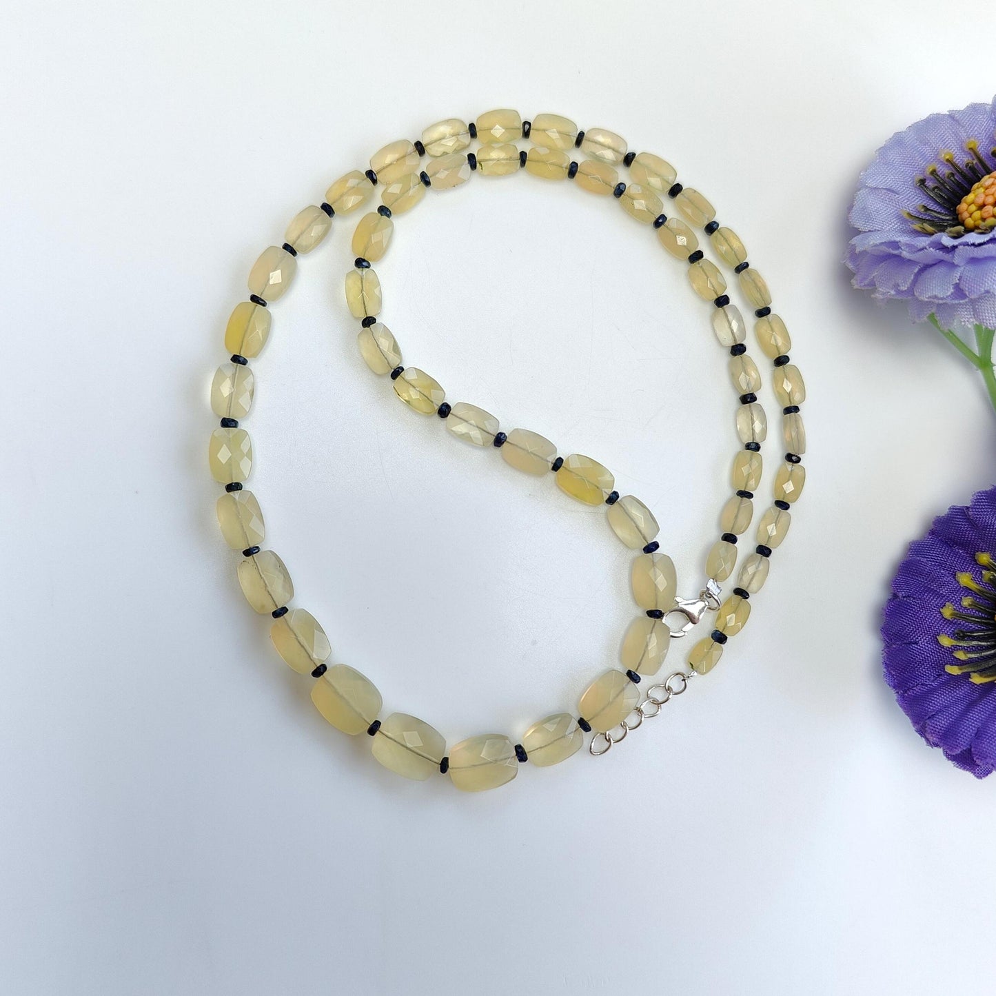 Opal & Sapphire Beads Necklace : 9.98gms 925 Sterling Silver Natural Yellow Opal Blue Sapphire Briolette Faceted Cushion Necklace 18"