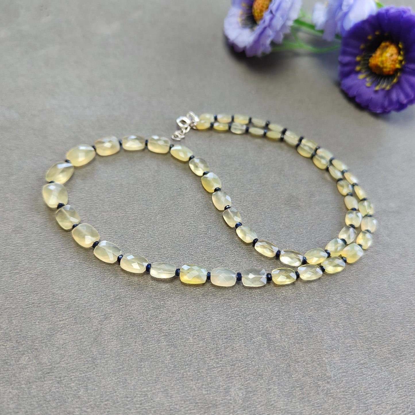 Opal & Sapphire Beads Necklace : 9.98gms 925 Sterling Silver Natural Yellow Opal Blue Sapphire Briolette Faceted Cushion Necklace 18"