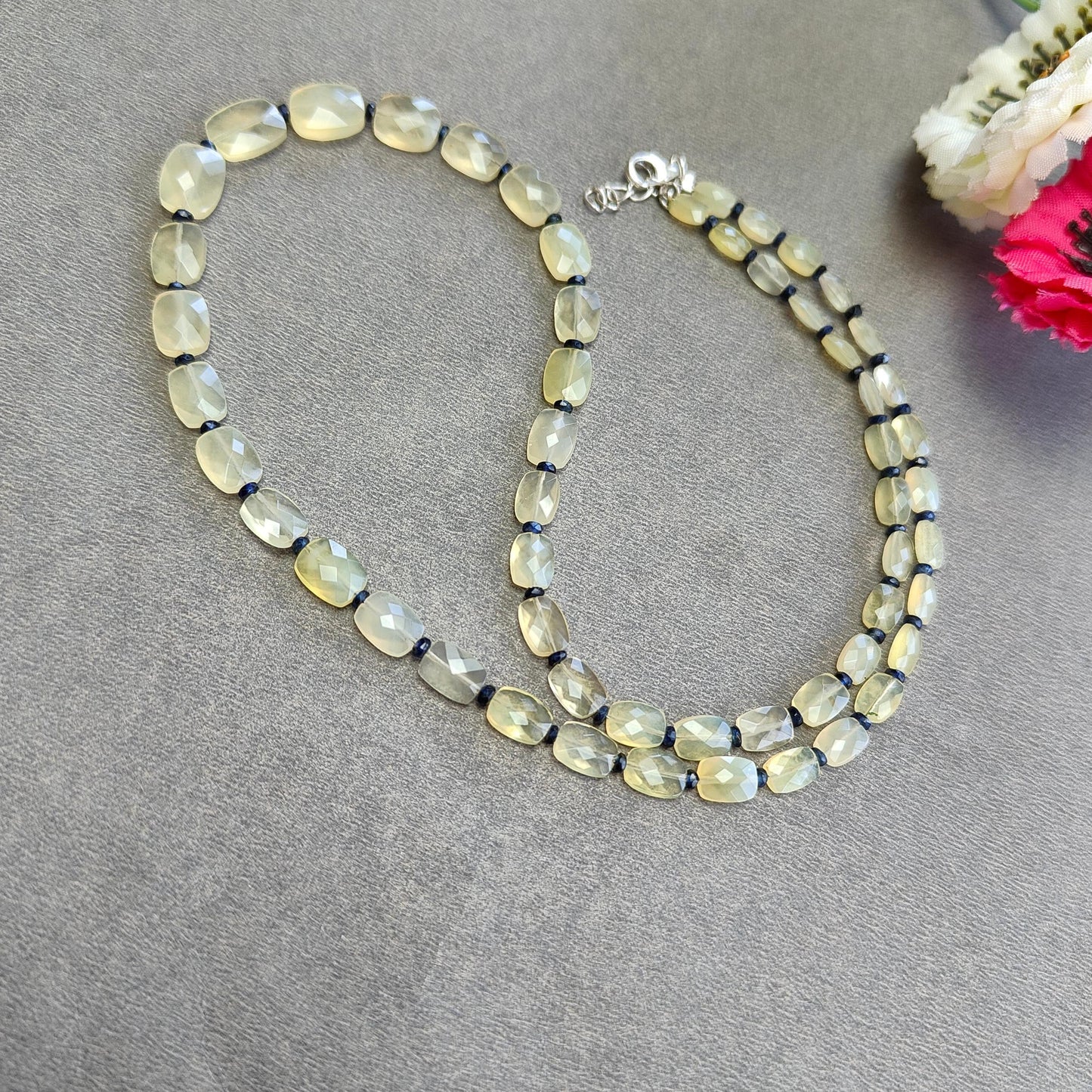 Opal & Sapphire Beads Necklace : 9.98gms 925 Sterling Silver Natural Yellow Opal Blue Sapphire Briolette Faceted Cushion Necklace 18"