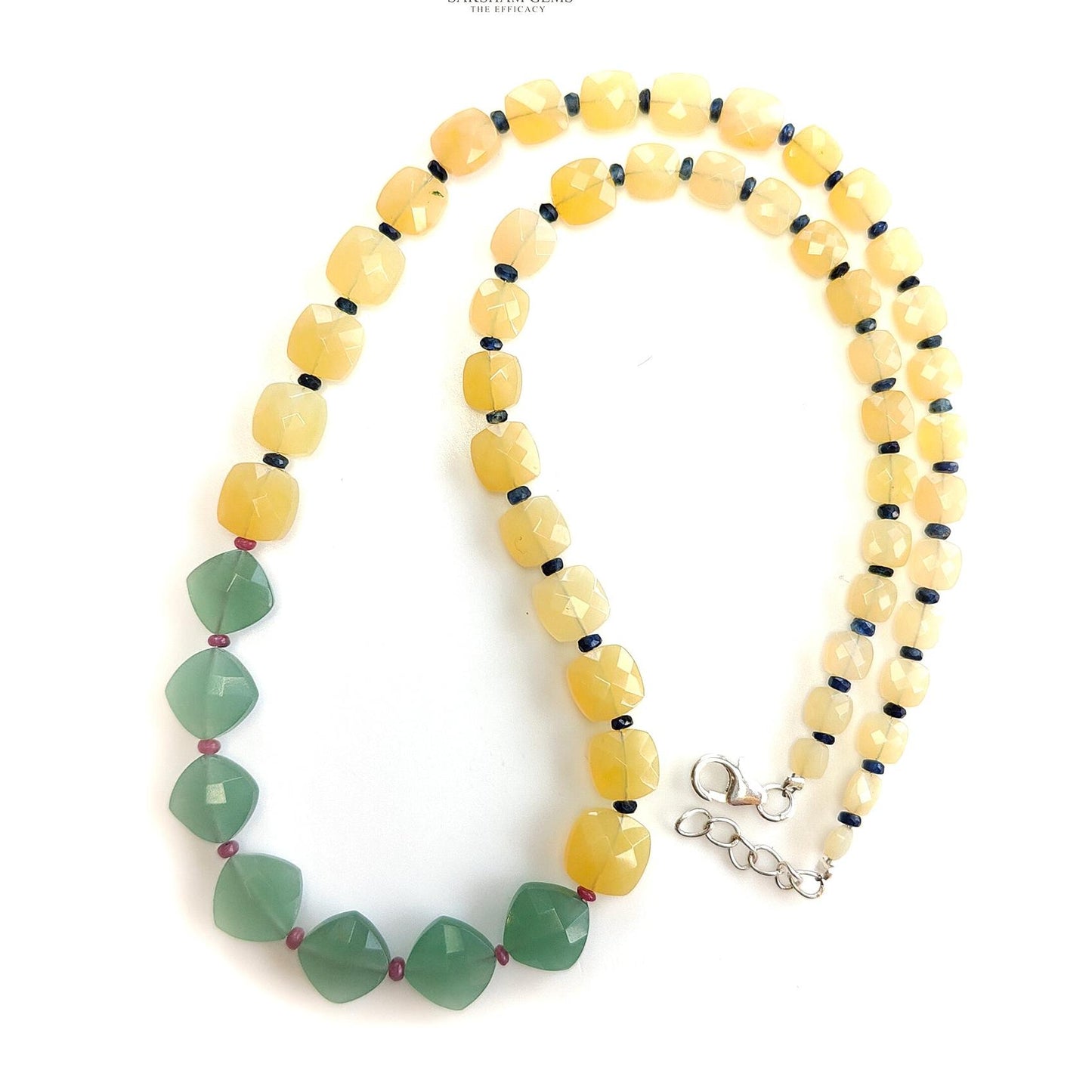 Opal & Quartz Beads Necklace : 10.74gms 925 Silver Natural Yellow Opal Green Quartz Blue Sapphire Ruby Briolette Cushion Necklace 16"