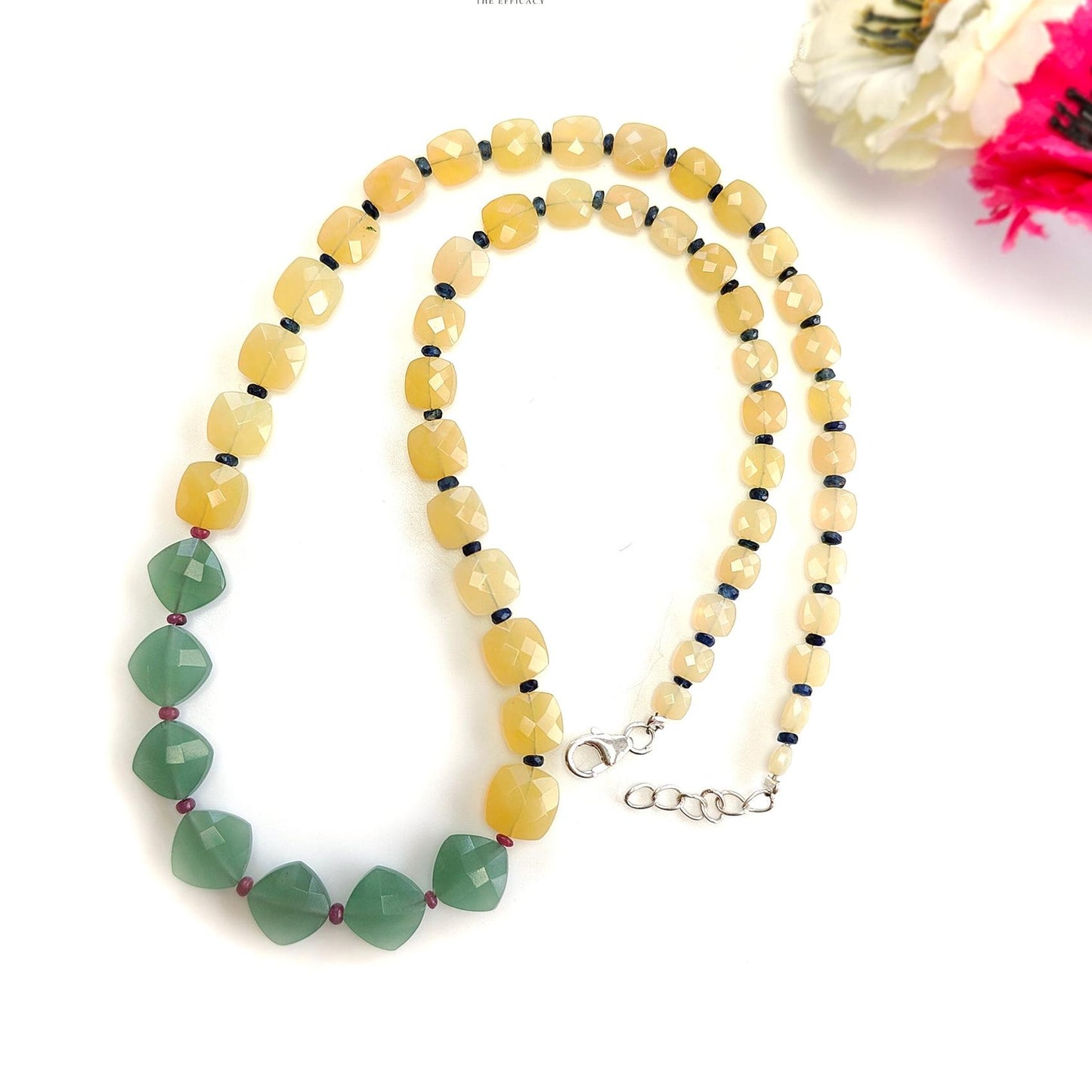 Opal & Quartz Beads Necklace : 10.74gms 925 Silver Natural Yellow Opal Green Quartz Blue Sapphire Ruby Briolette Cushion Necklace 16"