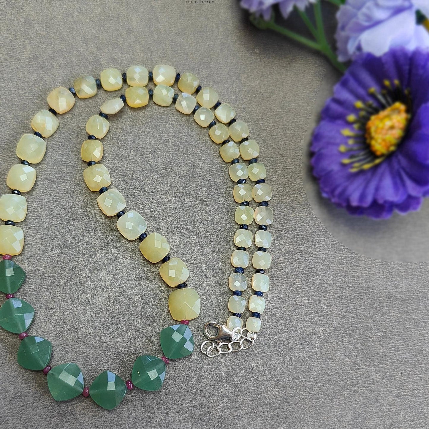 Opal & Quartz Beads Necklace : 10.74gms 925 Silver Natural Yellow Opal Green Quartz Blue Sapphire Ruby Briolette Cushion Necklace 16"