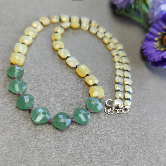 Opal & Quartz Beads Necklace : 10.74gms 925 Silver Natural Yellow Opal Green Quartz Blue Sapphire Ruby Briolette Cushion Necklace 16"