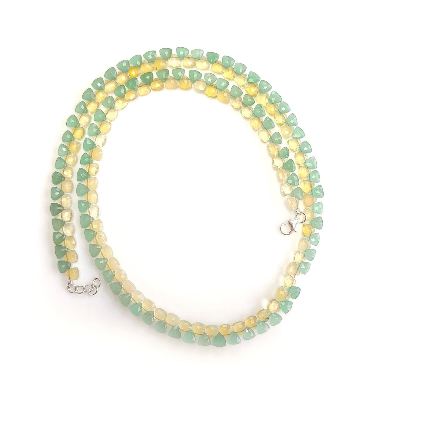 Opal & Quartz Beads Necklace : 11.95gms 925 Sterling Silver Natural Yellow Opal Green Quartz Briolette Faceted Triangle Necklace 18"