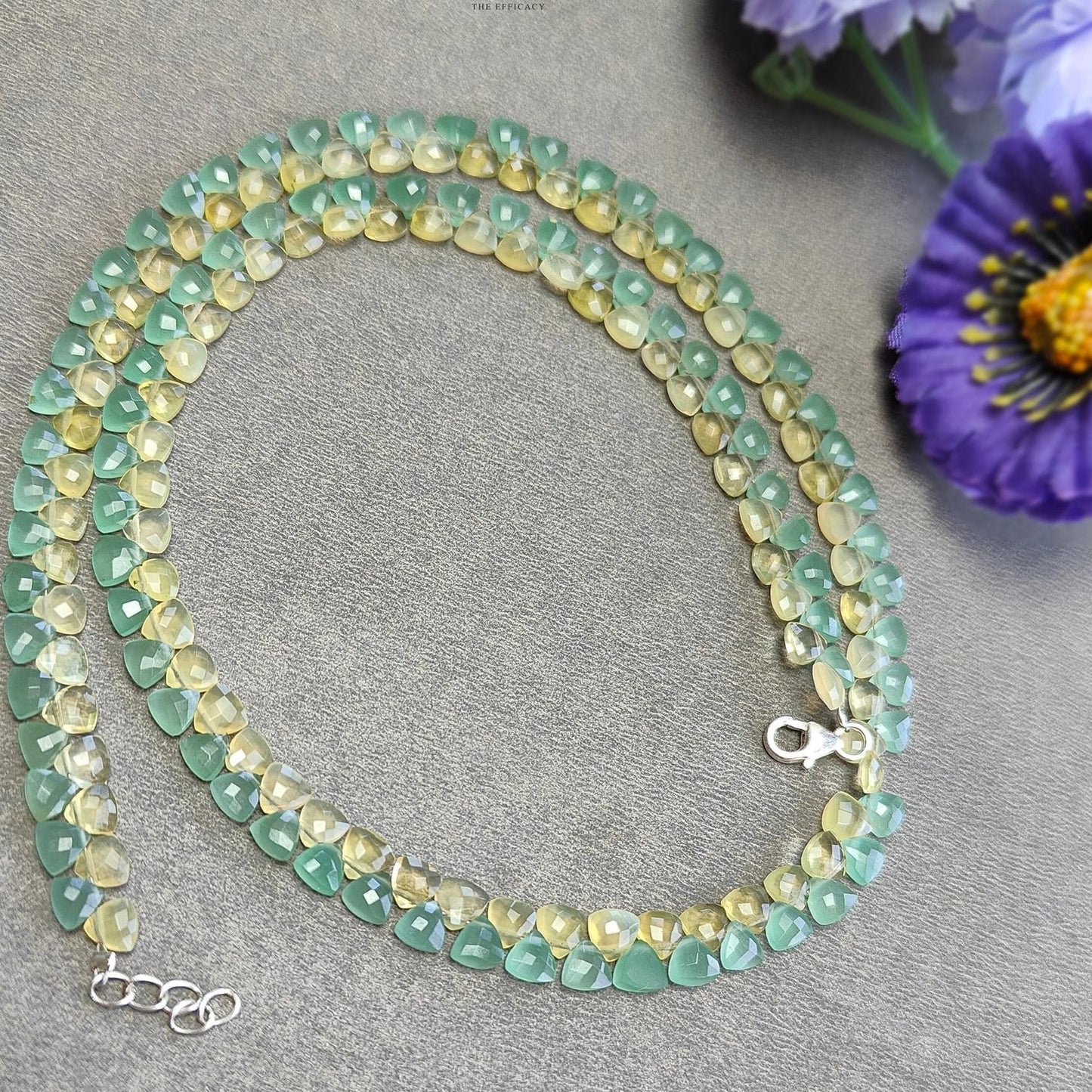 Opal & Quartz Beads Necklace : 11.95gms 925 Sterling Silver Natural Yellow Opal Green Quartz Briolette Faceted Triangle Necklace 18"