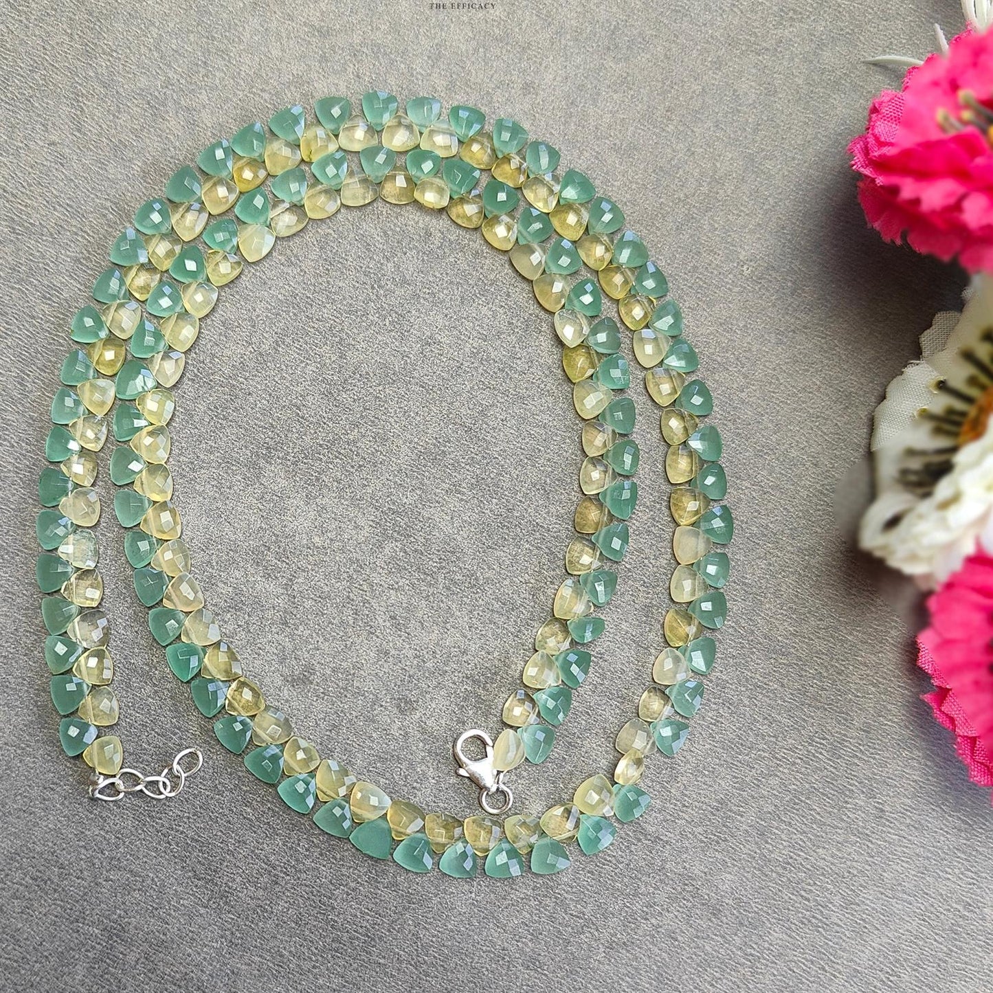 Opal & Quartz Beads Necklace : 11.95gms 925 Sterling Silver Natural Yellow Opal Green Quartz Briolette Faceted Triangle Necklace 18"