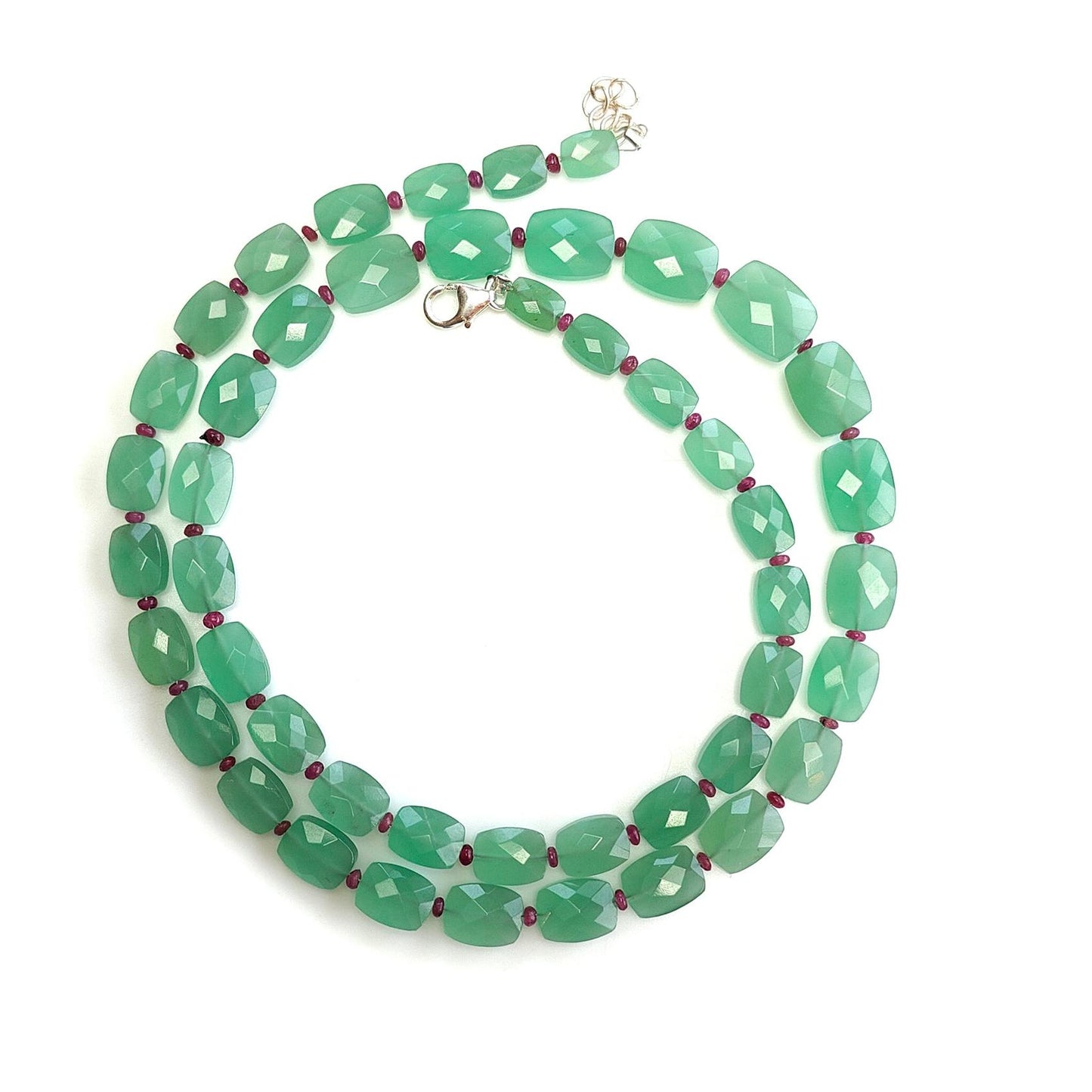 Quartz & Ruby Beads Necklace : 17.21gms 925 Sterling Silver Natural Green Quartz Red Ruby  Briolette Faceted Cushion  Necklace 18"