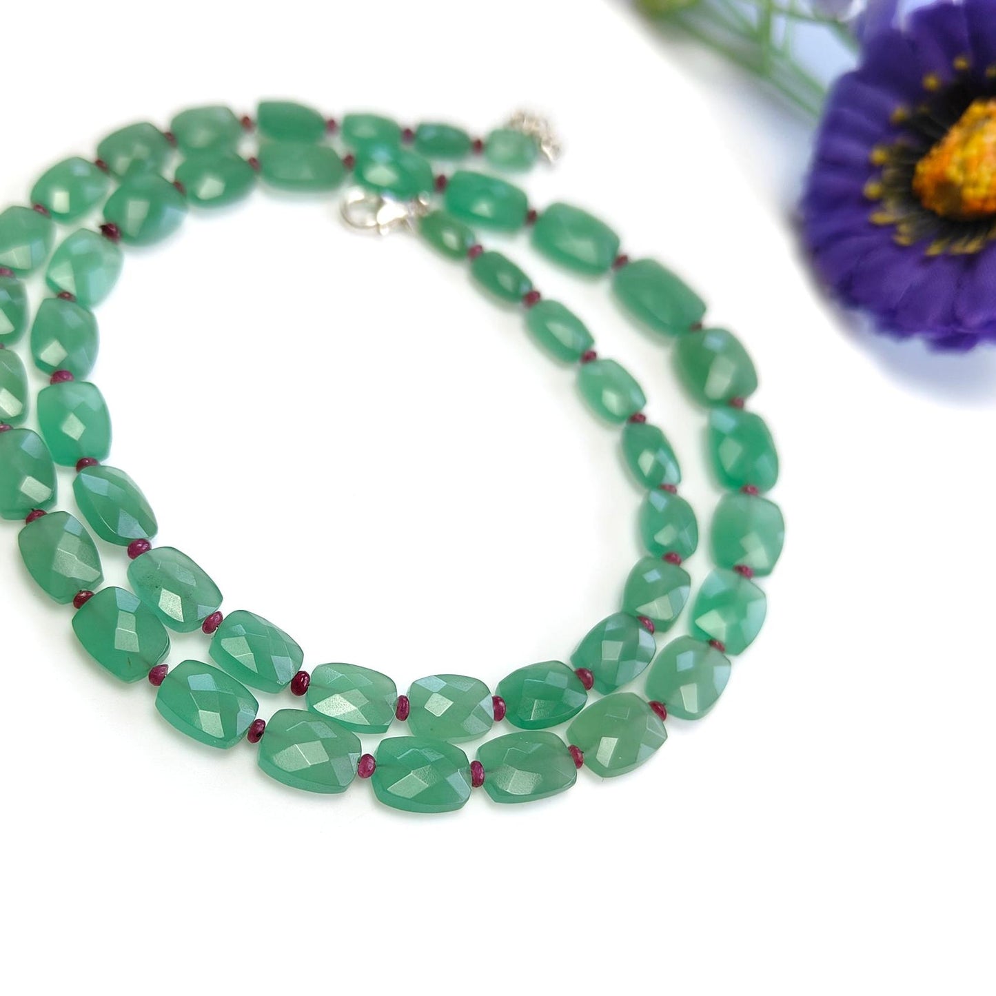 Quartz & Ruby Beads Necklace : 17.21gms 925 Sterling Silver Natural Green Quartz Red Ruby  Briolette Faceted Cushion  Necklace 18"