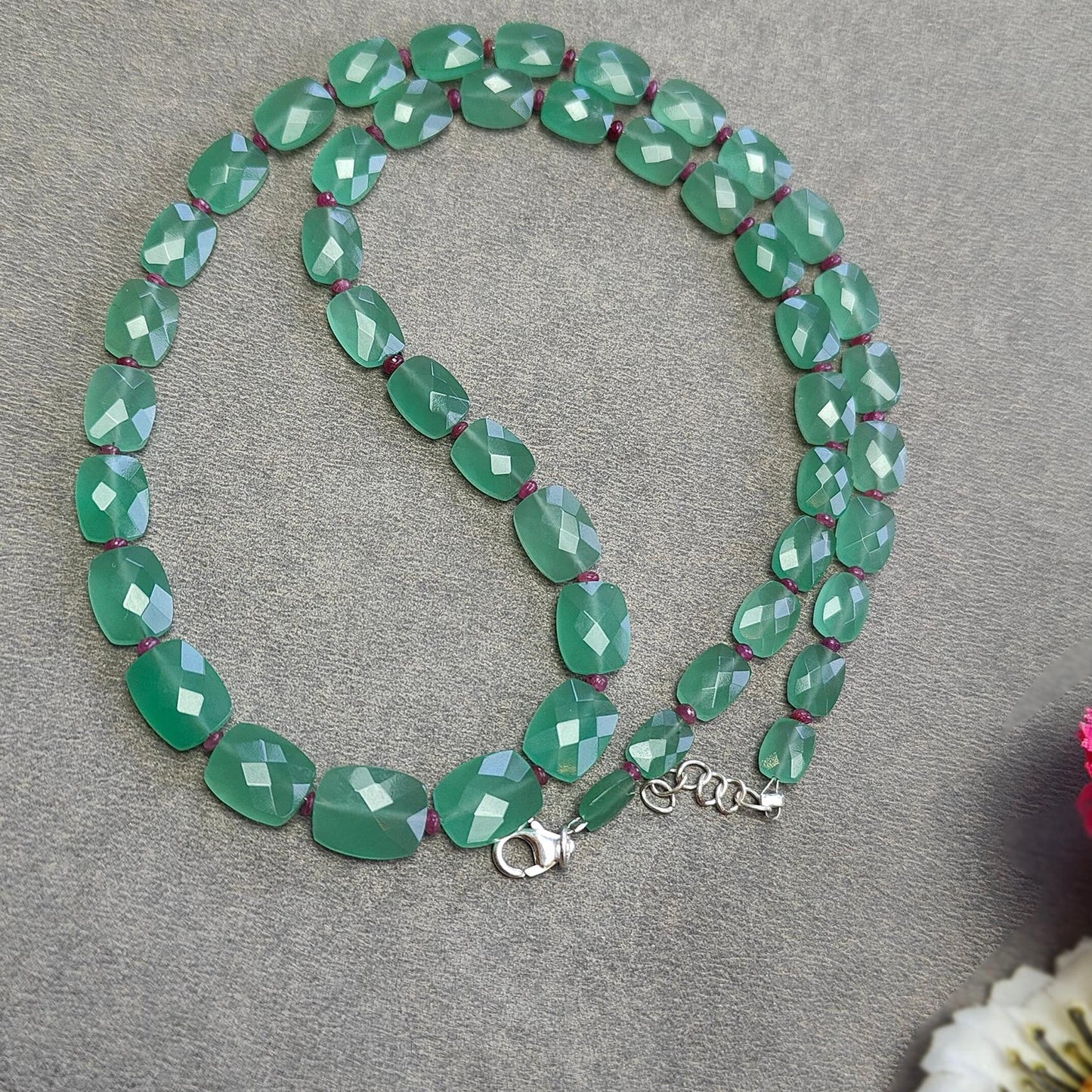 Quartz & Ruby Beads Necklace : 17.21gms 925 Sterling Silver Natural Green Quartz Red Ruby  Briolette Faceted Cushion  Necklace 18"