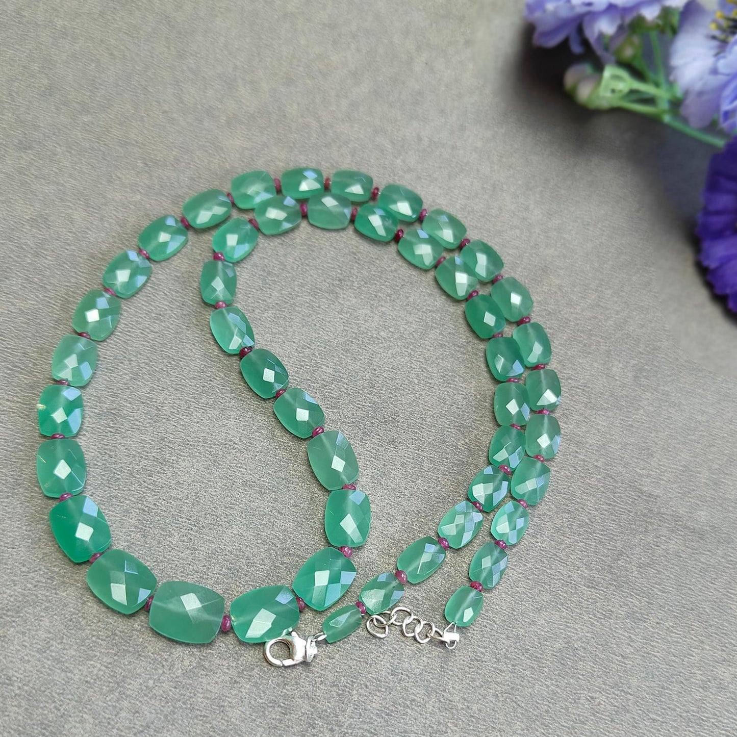 Quartz & Ruby Beads Necklace : 17.21gms 925 Sterling Silver Natural Green Quartz Red Ruby  Briolette Faceted Cushion  Necklace 18"