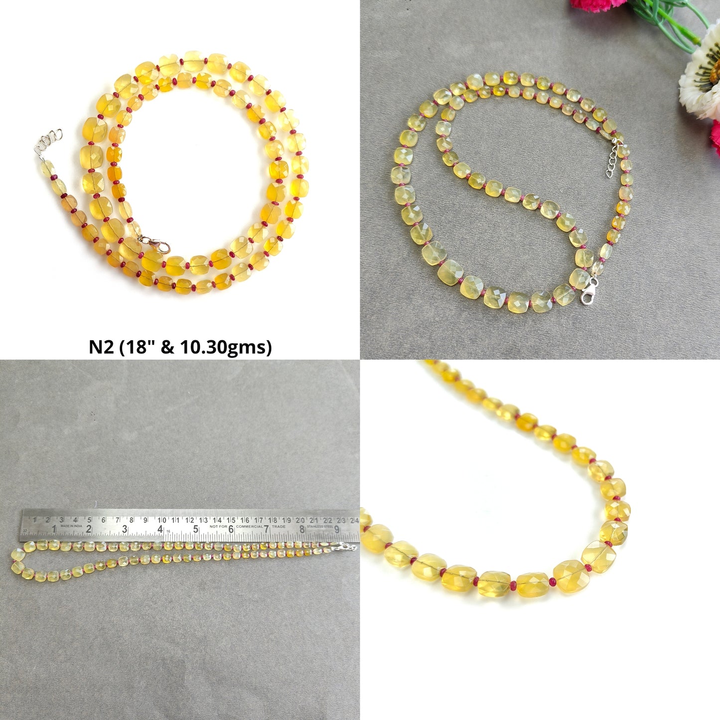 Opal & Ruby Beads Necklace : 925 Sterling Silver Natural Yellow Opal Red Ruby Briolette Faceted Cushion Necklace