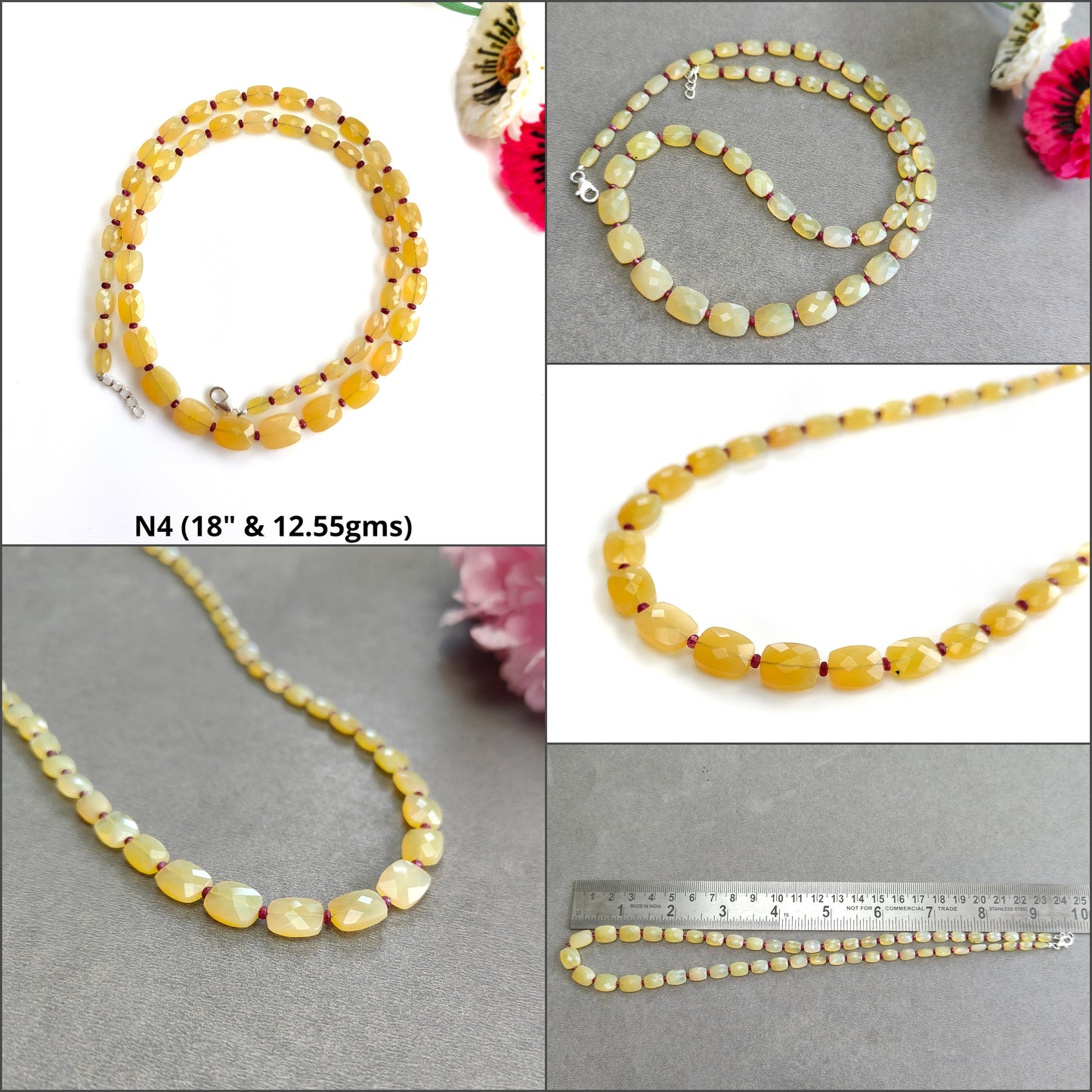 Opal & Ruby Beads Necklace : 925 Sterling Silver Natural Yellow Opal Red Ruby Briolette Faceted Cushion Necklace