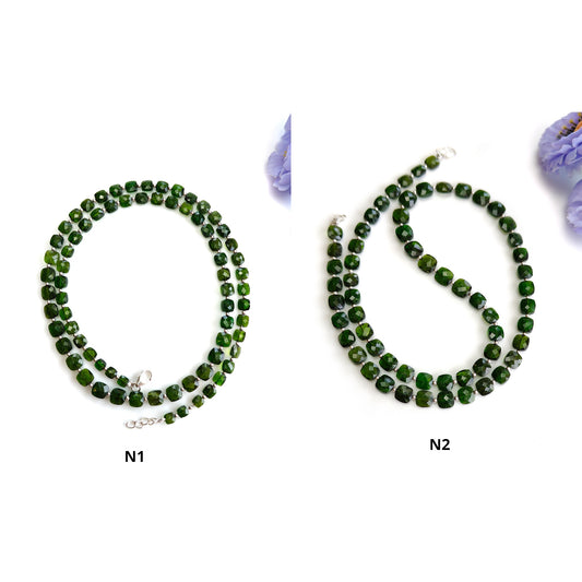 Chrome Diopside Gemstone Beads Necklace : Green Chrome Diopside 925 Sterling Sliver Briolette Checker Cut Beaded Necklace