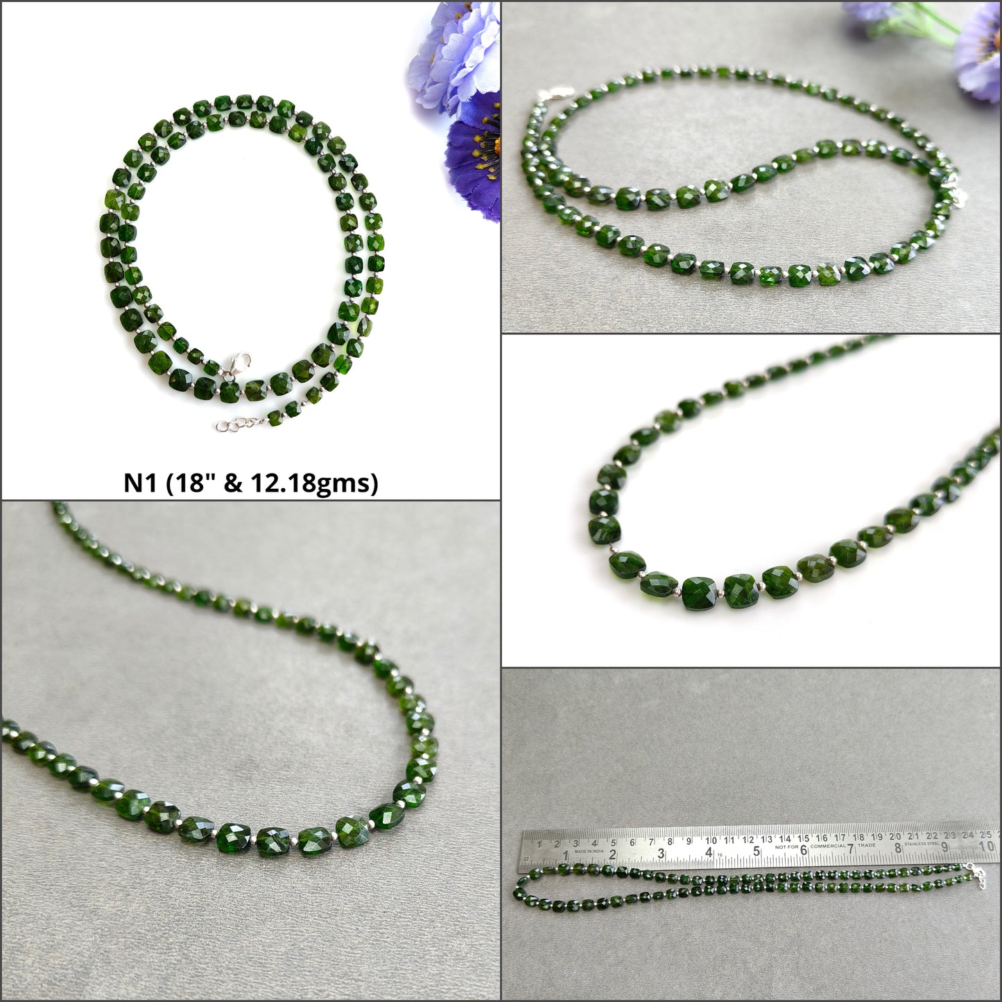 Chrome Diopside Gemstone Beads Necklace : Green Chrome Diopside 925 Sterling Sliver Briolette Checker Cut Beaded Necklace
