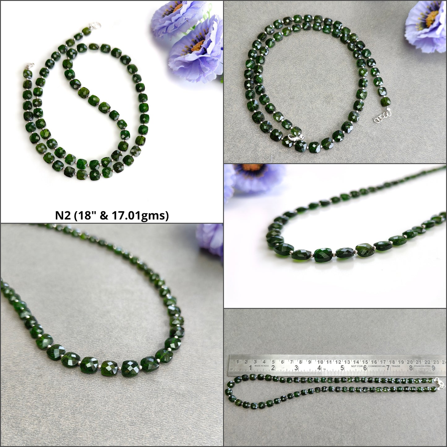 Chrome Diopside Gemstone Beads Necklace : Green Chrome Diopside 925 Sterling Sliver Briolette Checker Cut Beaded Necklace
