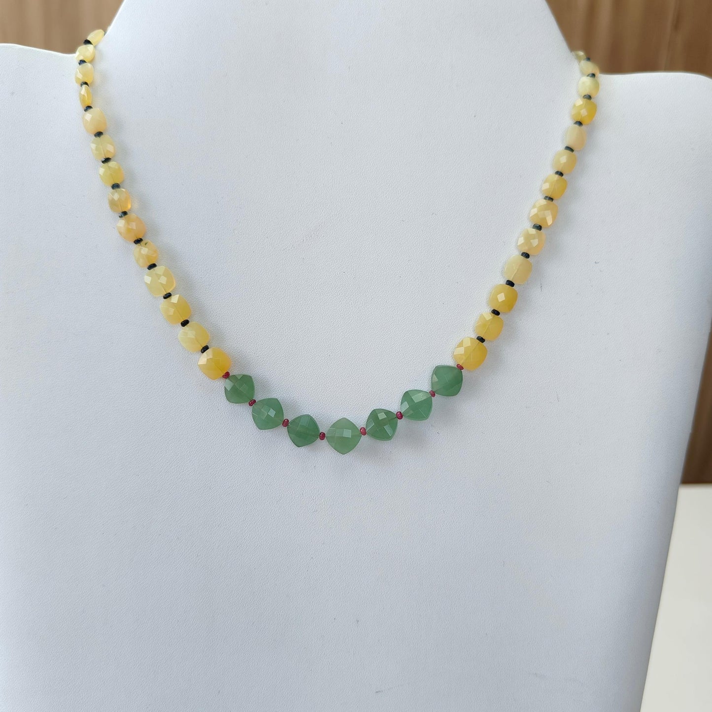Opal & Quartz Beads Necklace : 10.74gms 925 Silver Natural Yellow Opal Green Quartz Blue Sapphire Ruby Briolette Cushion Necklace 16"