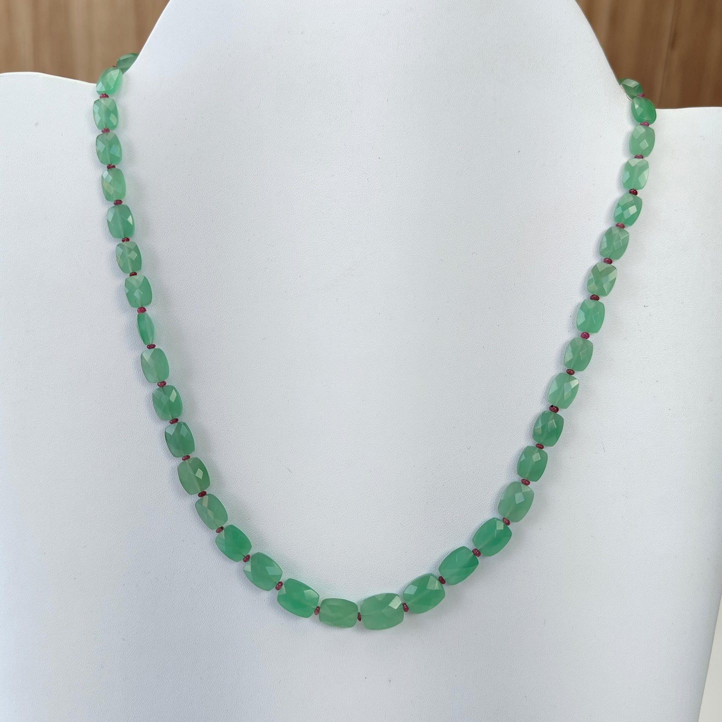 Quartz & Ruby Beads Necklace : 17.21gms 925 Sterling Silver Natural Green Quartz Red Ruby  Briolette Faceted Cushion  Necklace 18"