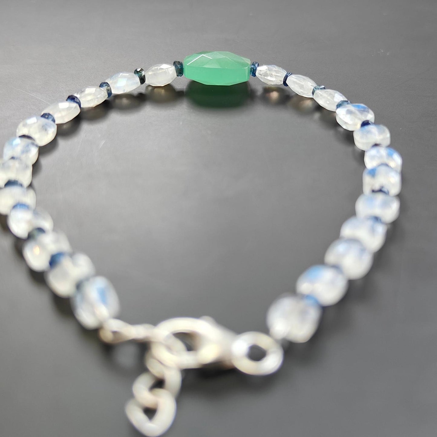 Gemstone Beads Bracelet : 3.56gms Green Quartz Rainbow Moonstone Blue Sapphire 925 Sterling Sliver Beaded Bracelet Briolette Checker Cut 7"