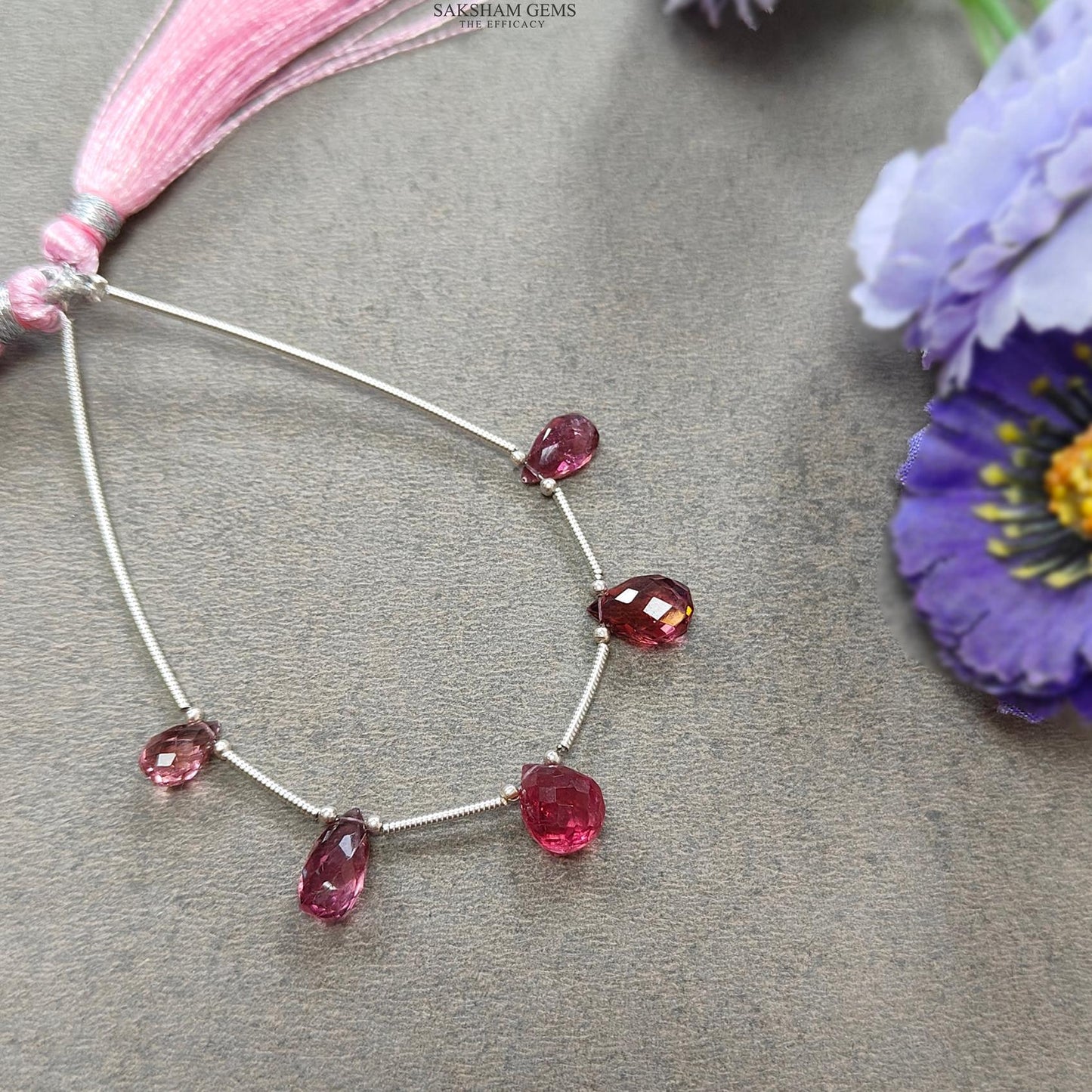 Rubellite Tourmaline Gemstone Loose Beads : 8.25cts Natural Untreated Tourmaline Checker Cut Teardrops Nuggets 8.5mm - 9.5mm