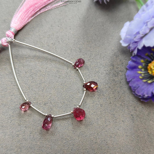 Rubellite Tourmaline Gemstone Loose Beads : 8.25cts Natural Untreated Tourmaline Checker Cut Teardrops Nuggets 8.5mm - 9.5mm