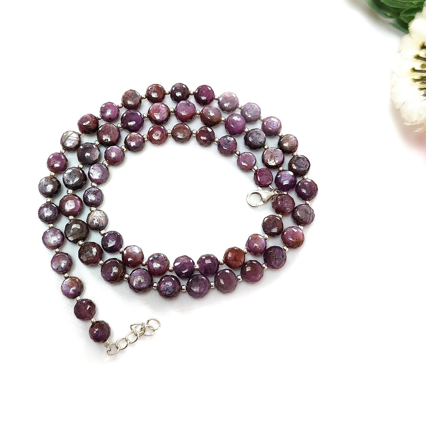 Raspberry Sheen Purple Pink Sapphire Gemstone Beads Necklace: 29.17gms (apx) Natural Sapphire Round Shape Side Faceted Necklace 6mm-7mm 20"