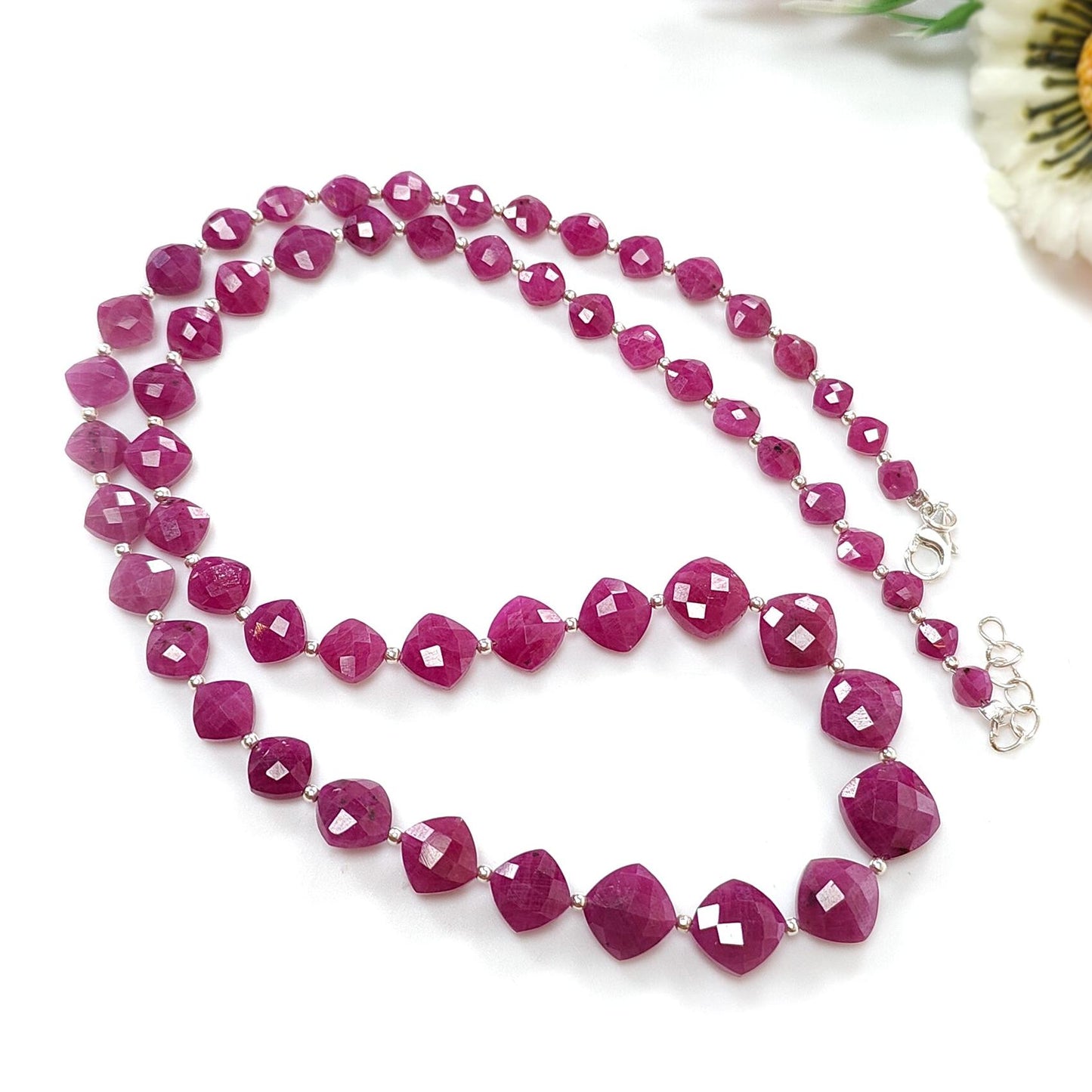 RUBY Gemstone Beads Necklace : 19.13gms (Apx) Natural Untreated 925 Sterling Sliver Checker Cut Cushion Shape Necklace 4mm - 9mm 19.5" (Apx)