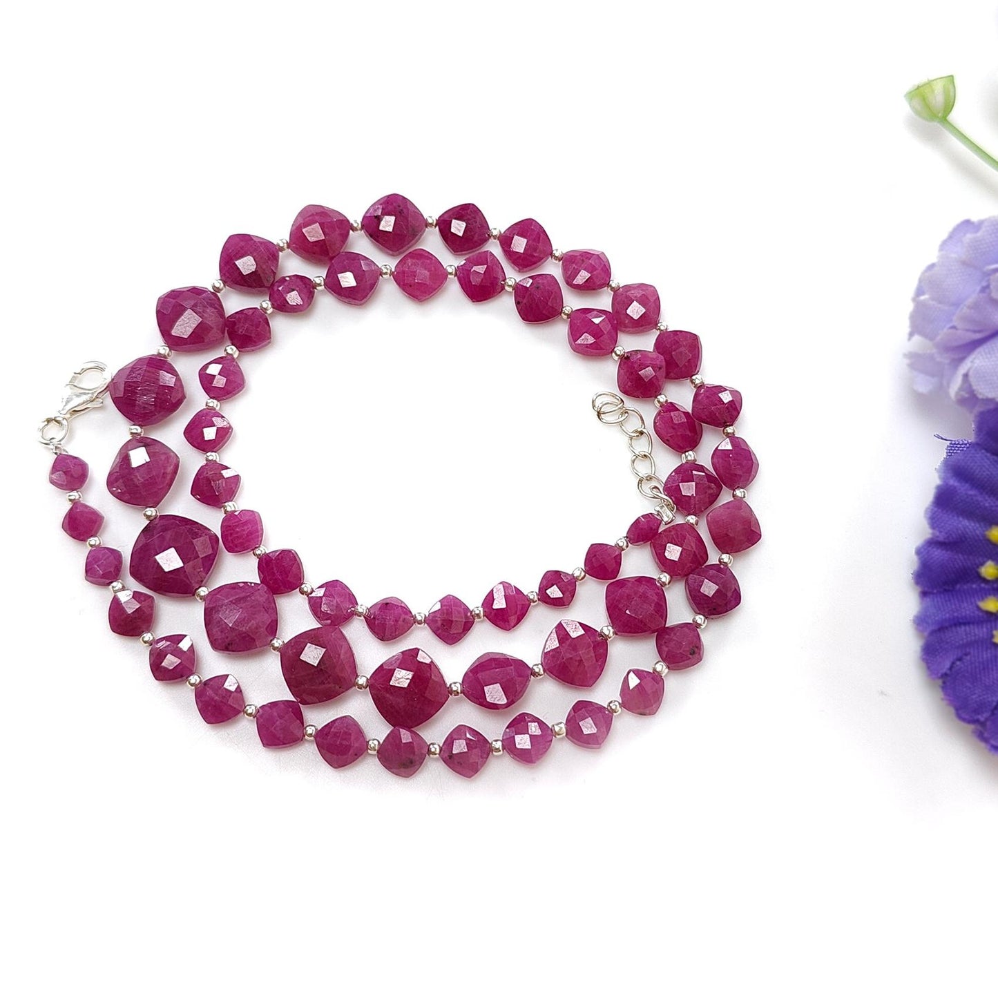 RUBY Gemstone Beads Necklace : 19.13gms (Apx) Natural Untreated 925 Sterling Sliver Checker Cut Cushion Shape Necklace 4mm - 9mm 19.5" (Apx)