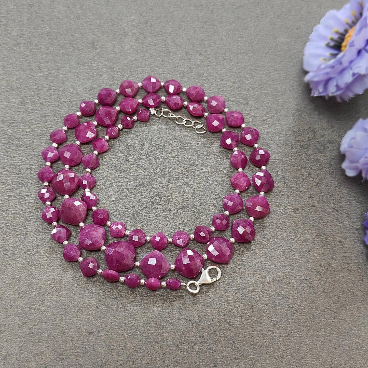 RUBY Gemstone Beads Necklace : 19.13gms (Apx) Natural Untreated 925 Sterling Sliver Checker Cut Cushion Shape Necklace 4mm - 9mm 19.5" (Apx)