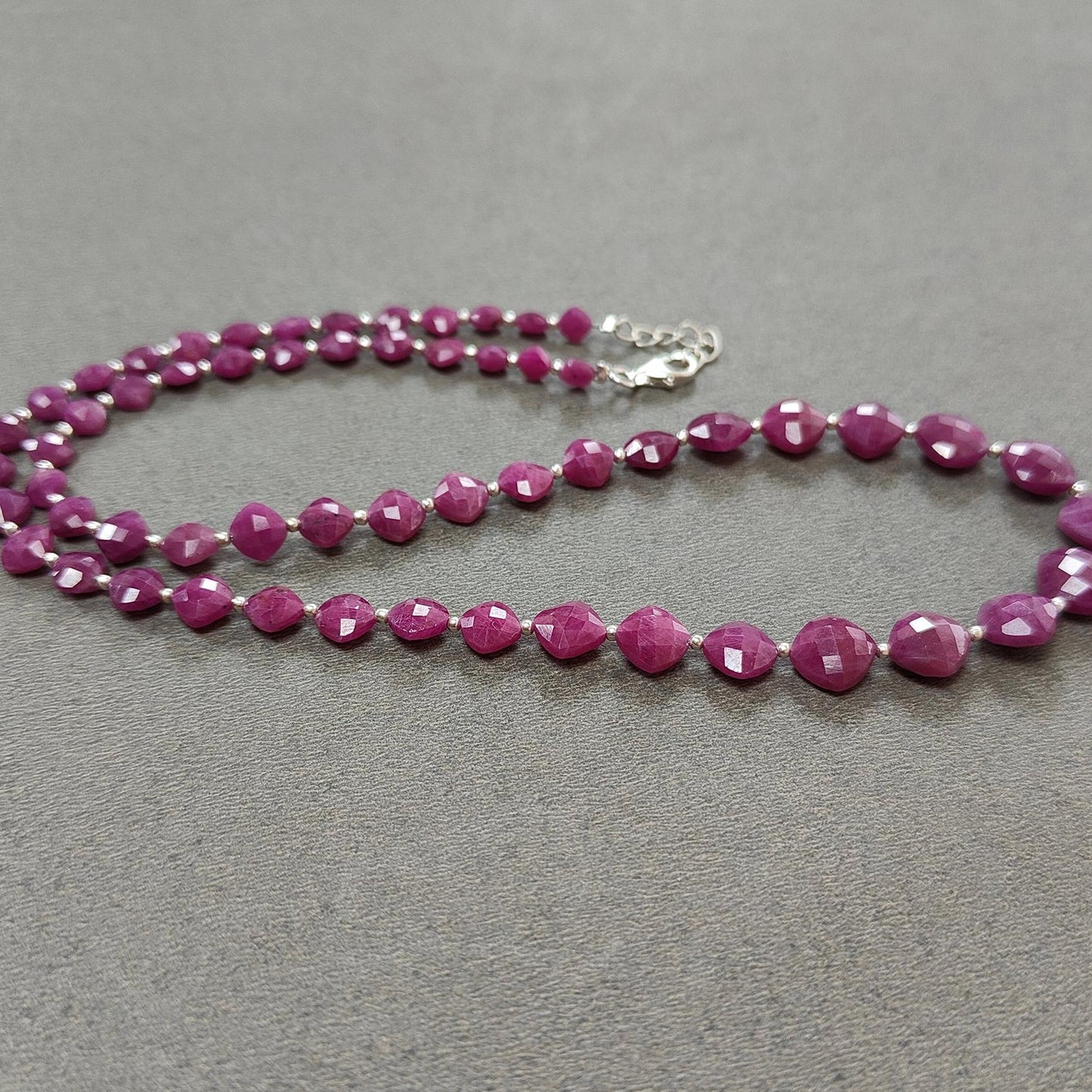 RUBY Gemstone Beads Necklace : 19.13gms (Apx) Natural Untreated 925 Sterling Sliver Checker Cut Cushion Shape Necklace 4mm - 9mm 19.5" (Apx)