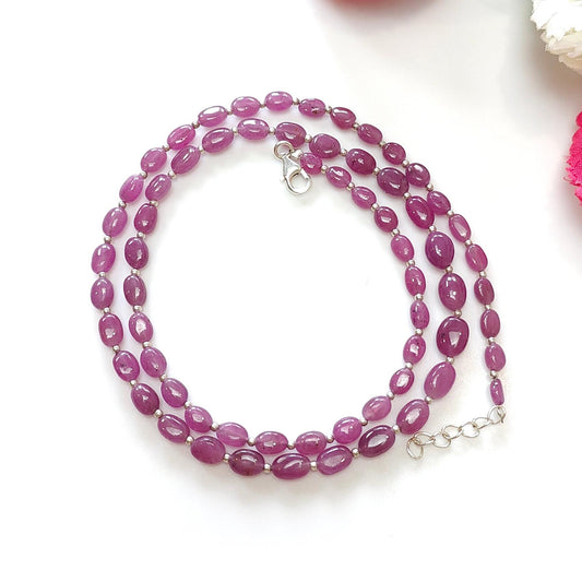 RUBY Gemstone Beads Necklace : 14.00gms (Apx) Natural Untreated 925 Sterling Sliver Plain Oval Shape Necklace 5mm - 7mm 19" (Apx)