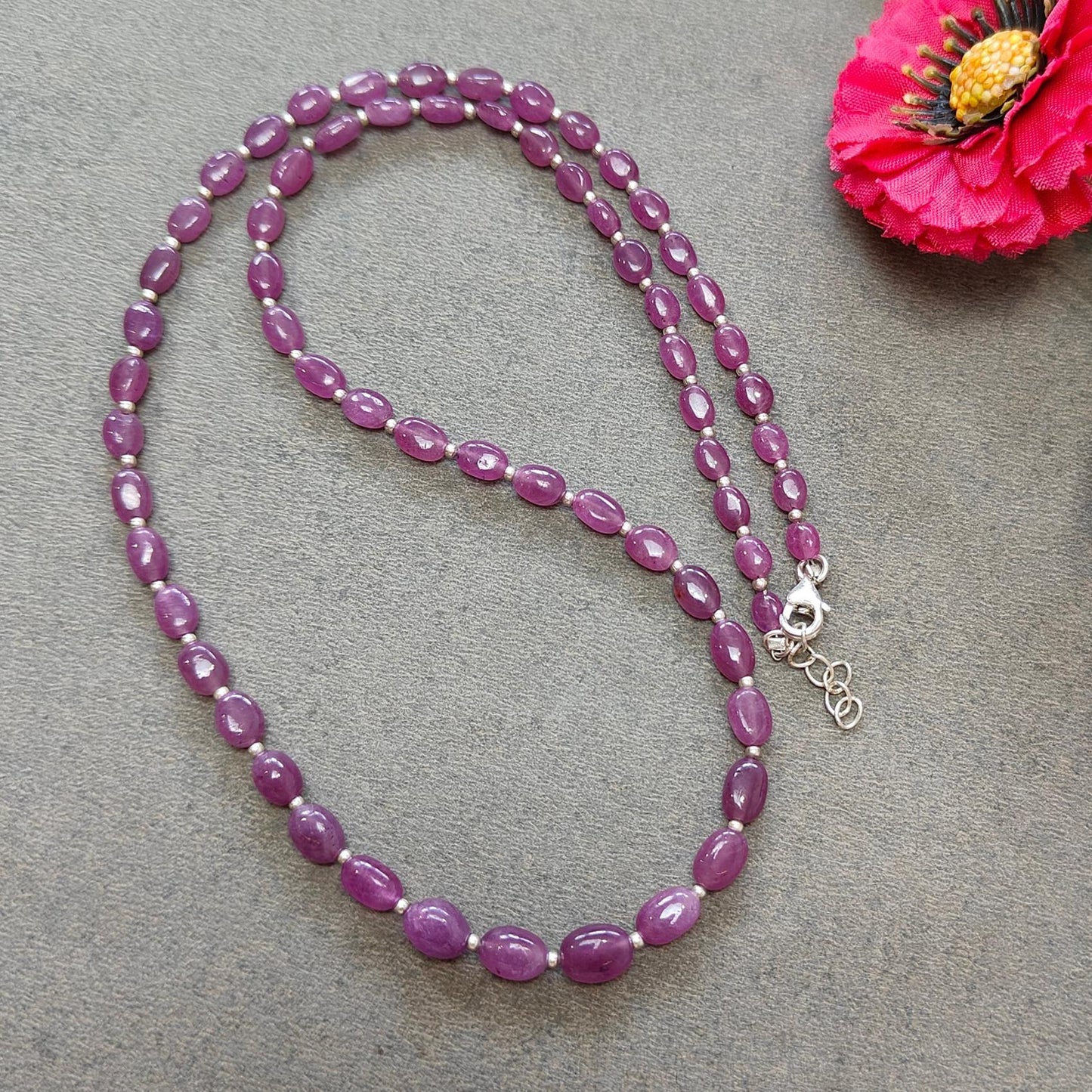 RUBY Gemstone Beads Necklace : 14.00gms (Apx) Natural Untreated 925 Sterling Sliver Plain Oval Shape Necklace 5mm - 7mm 19" (Apx)