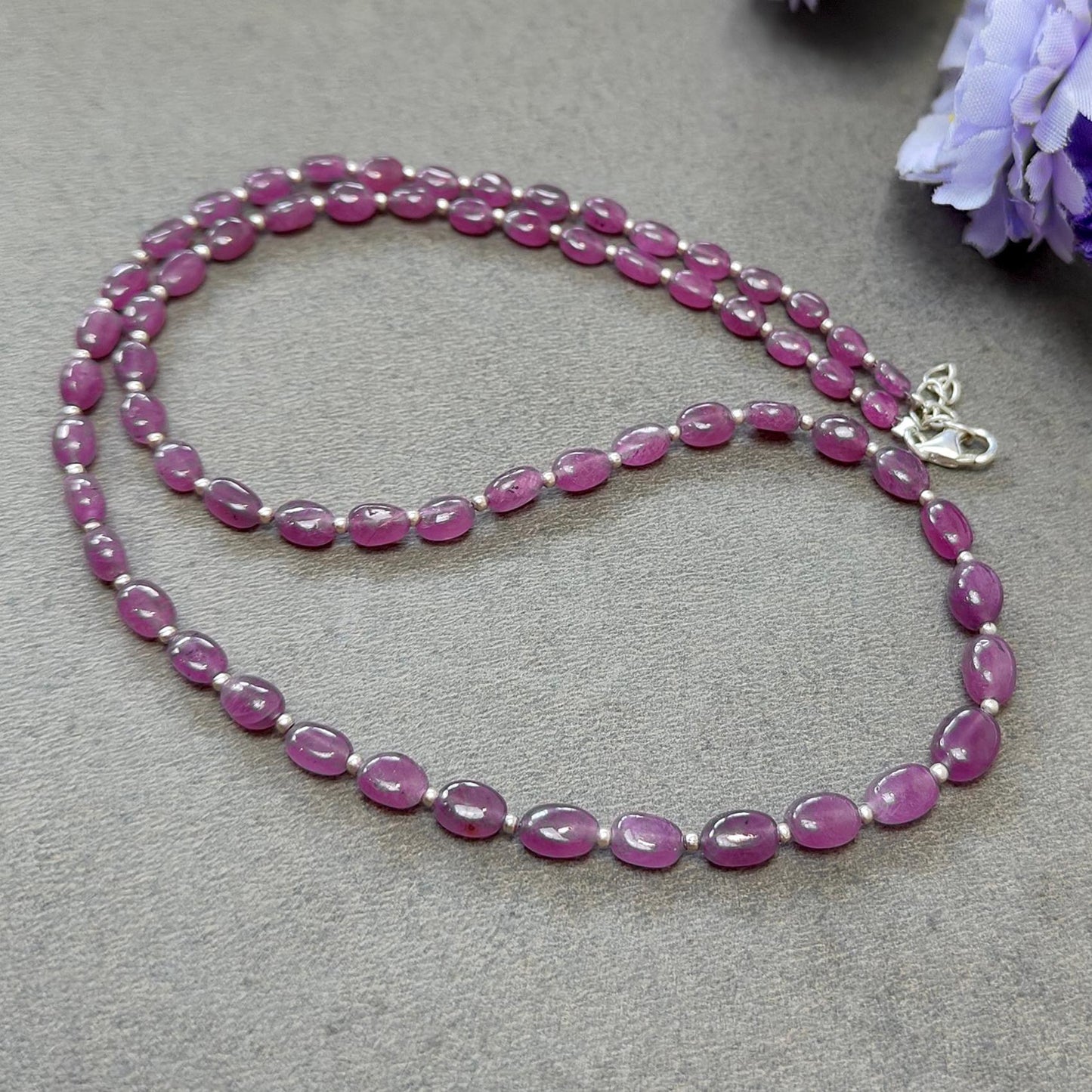 RUBY Gemstone Beads Necklace : 14.00gms (Apx) Natural Untreated 925 Sterling Sliver Plain Oval Shape Necklace 5mm - 7mm 19" (Apx)
