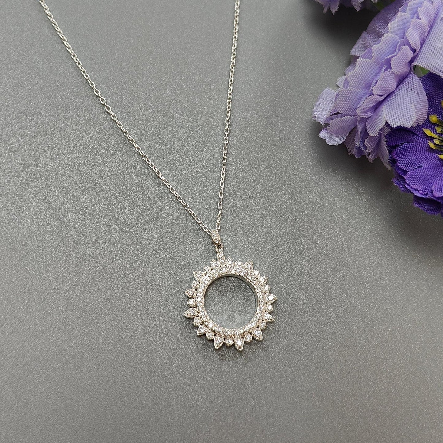 925 Sterling Silver AD Chain Necklace : 6.20gms (Apx) Natural Untreated 925 Sterling Sliver With American Diamond Round Necklace 20" (Apx)