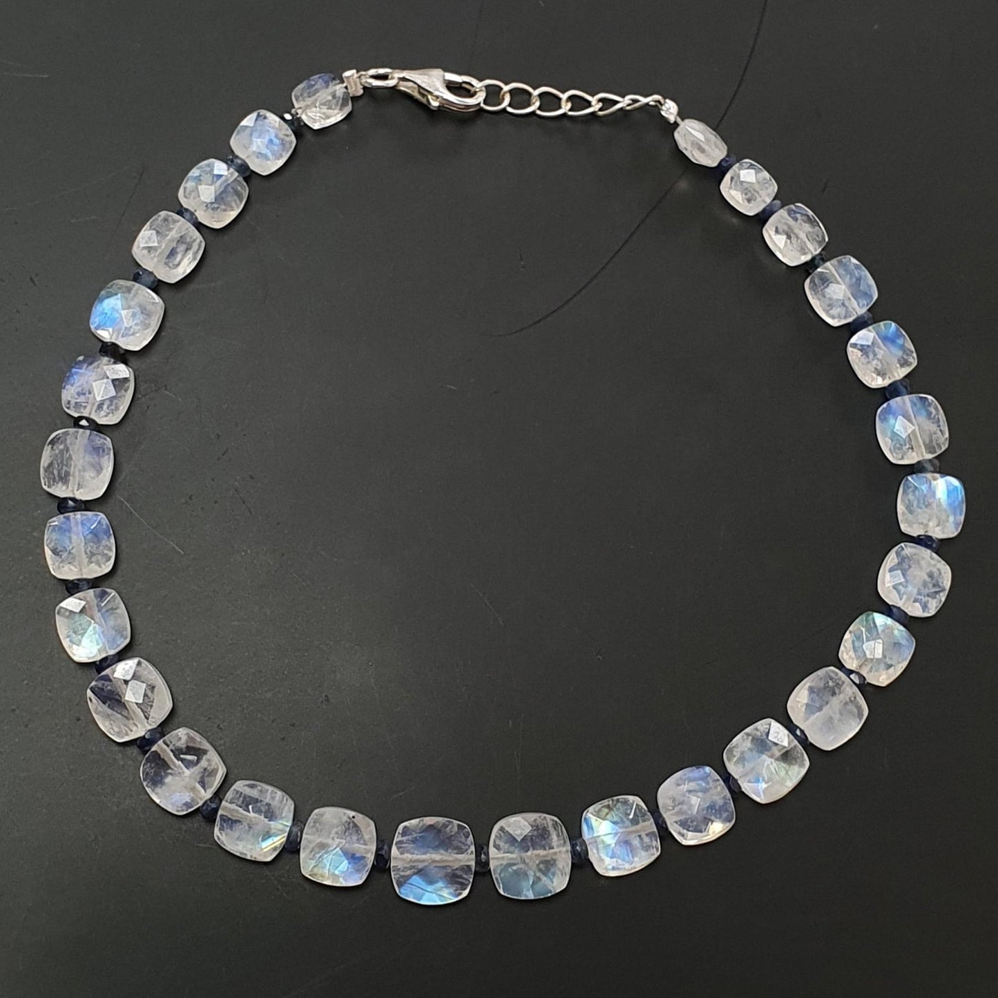 Rainbow Moonstone Gemstone Beads Bracelet : 6.56gms Natural Blue Sapphire 925 Sterling Sliver Beaded Bracelet Briolette Checker Cut 9"