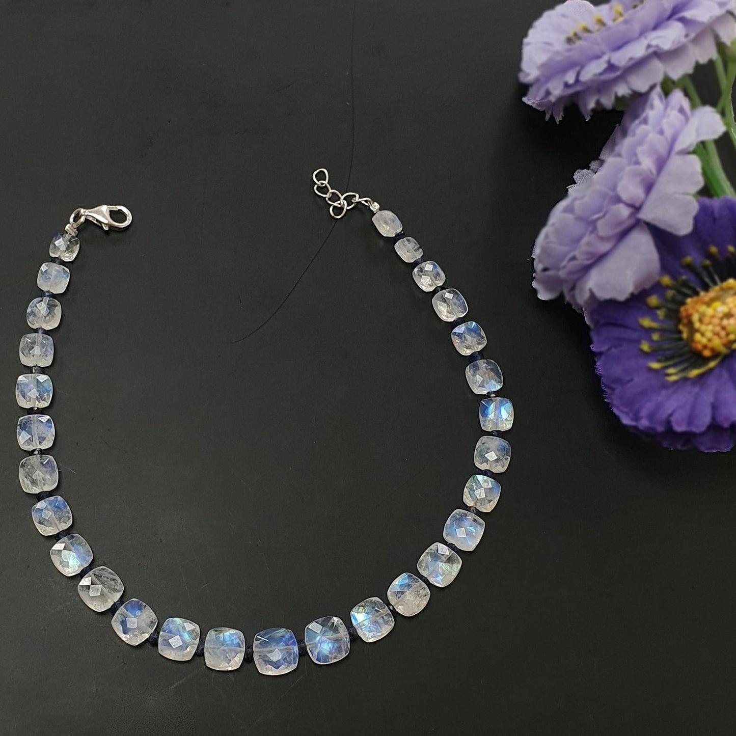 Rainbow Moonstone Gemstone Beads Bracelet : 6.56gms Natural Blue Sapphire 925 Sterling Sliver Beaded Bracelet Briolette Checker Cut 9"