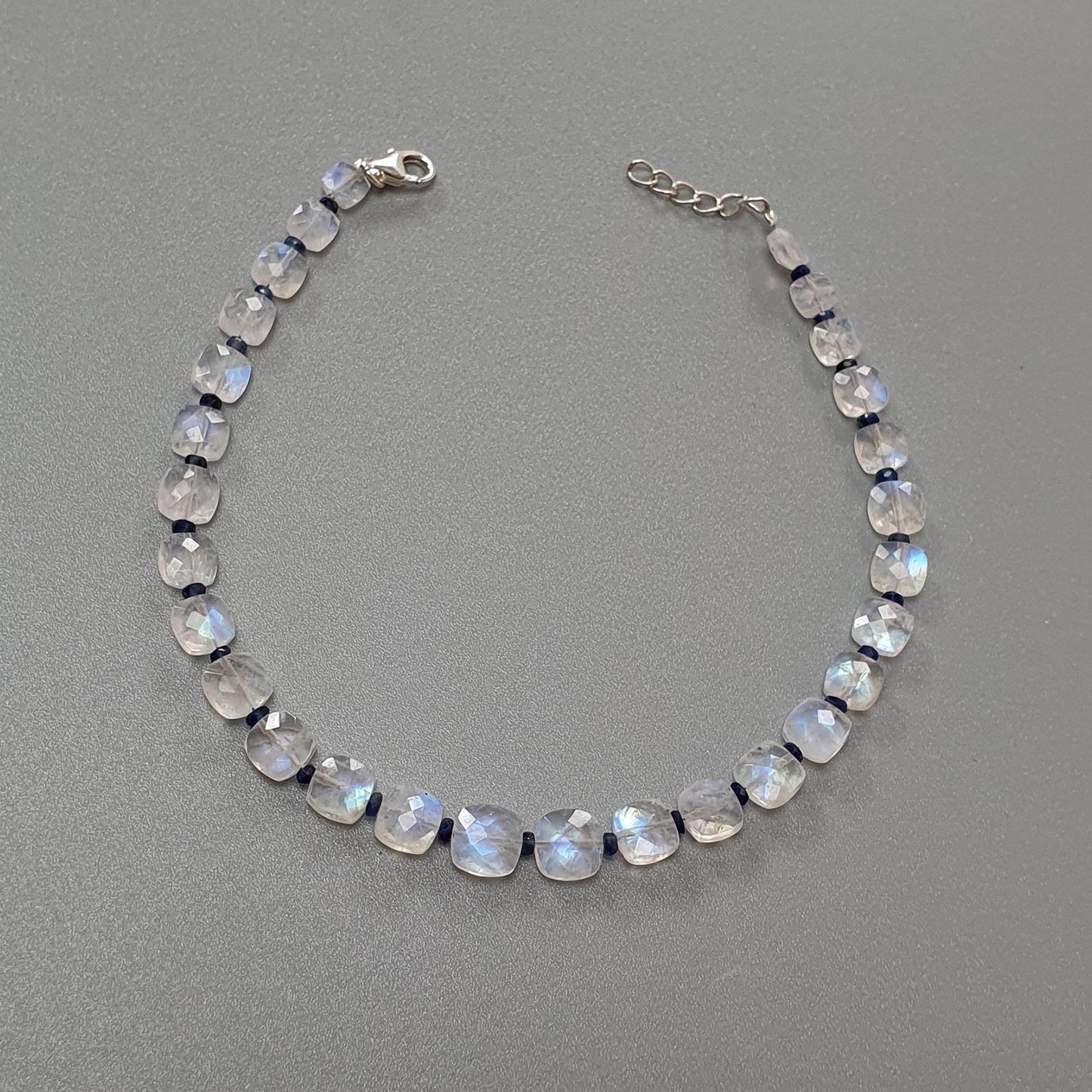 Rainbow Moonstone Gemstone Beads Bracelet : 6.56gms Natural Blue Sapphire 925 Sterling Sliver Beaded Bracelet Briolette Checker Cut 9"