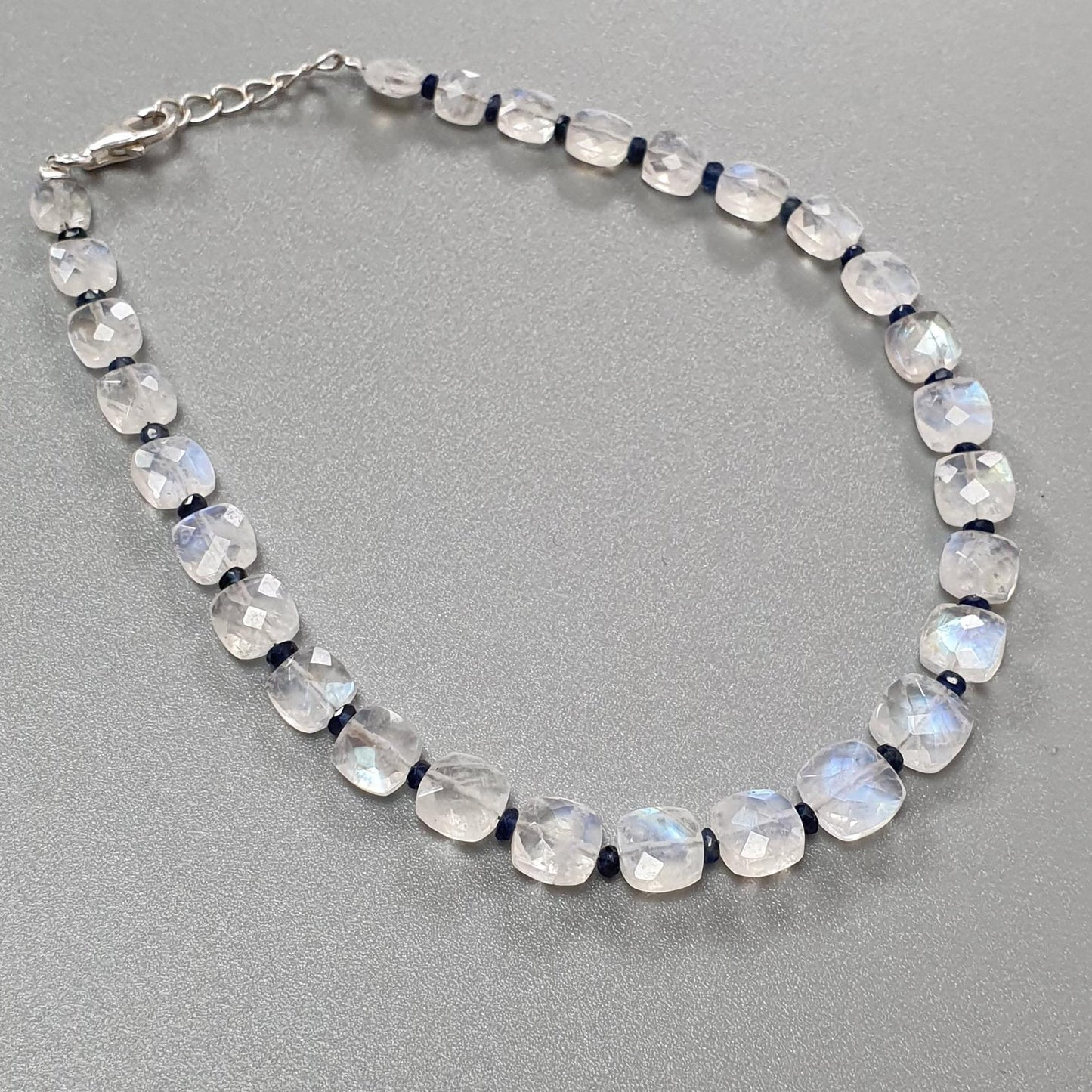 Rainbow Moonstone Gemstone Beads Bracelet : 6.56gms Natural Blue Sapphire 925 Sterling Sliver Beaded Bracelet Briolette Checker Cut 9"