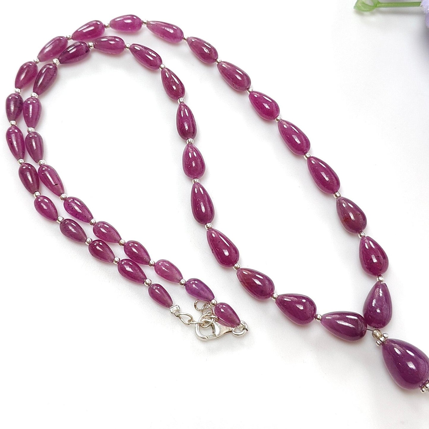Ruby Gemstone Beads Necklace : 22.50gms (Apx) 925 Sterling Silver Purple Ruby Gemstone Plain Teardrops Necklace 6mm - 12mm 19.5" (Apx)