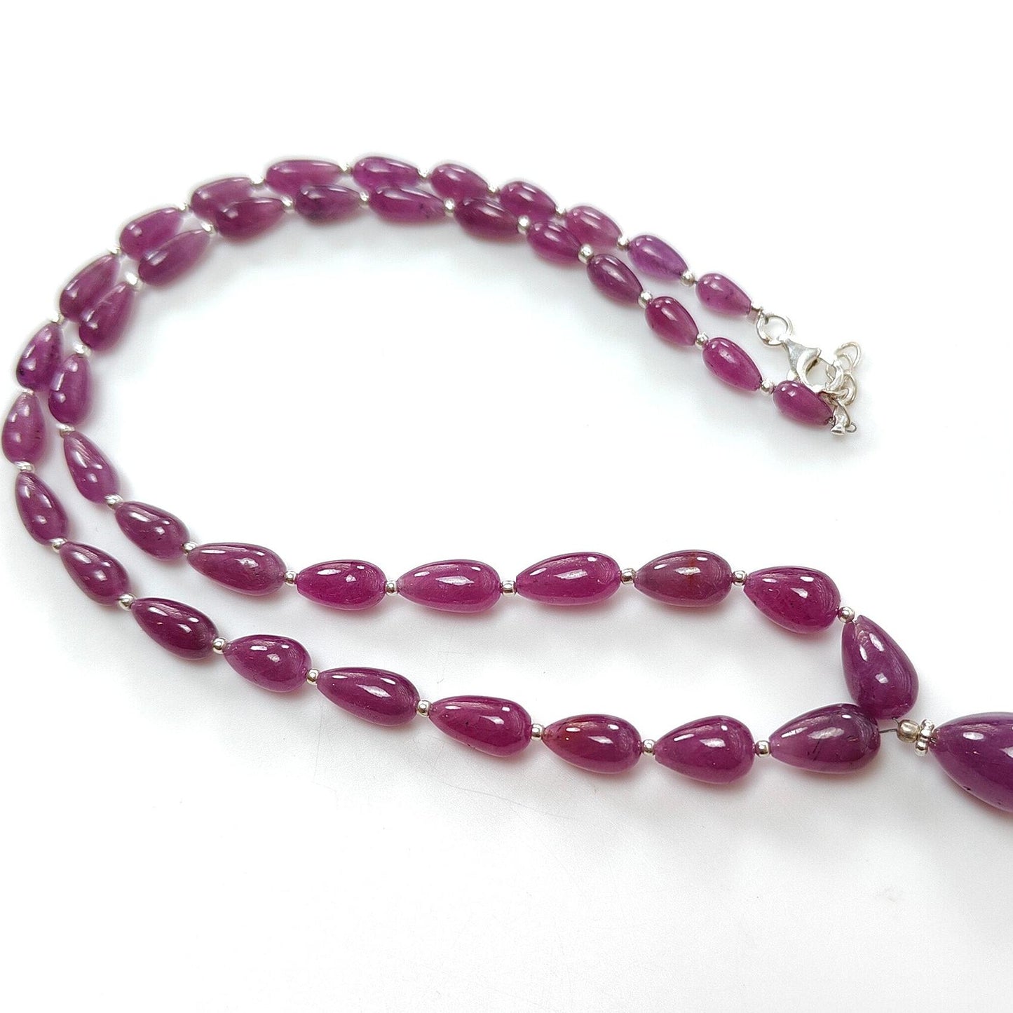 Ruby Gemstone Beads Necklace : 22.50gms (Apx) 925 Sterling Silver Purple Ruby Gemstone Plain Teardrops Necklace 6mm - 12mm 19.5" (Apx)