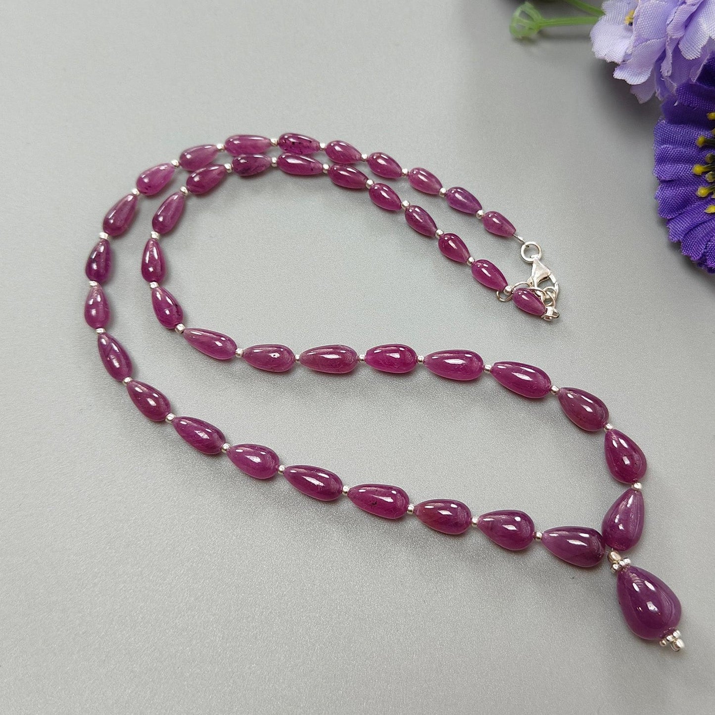 Ruby Gemstone Beads Necklace : 22.50gms (Apx) 925 Sterling Silver Purple Ruby Gemstone Plain Teardrops Necklace 6mm - 12mm 19.5" (Apx)